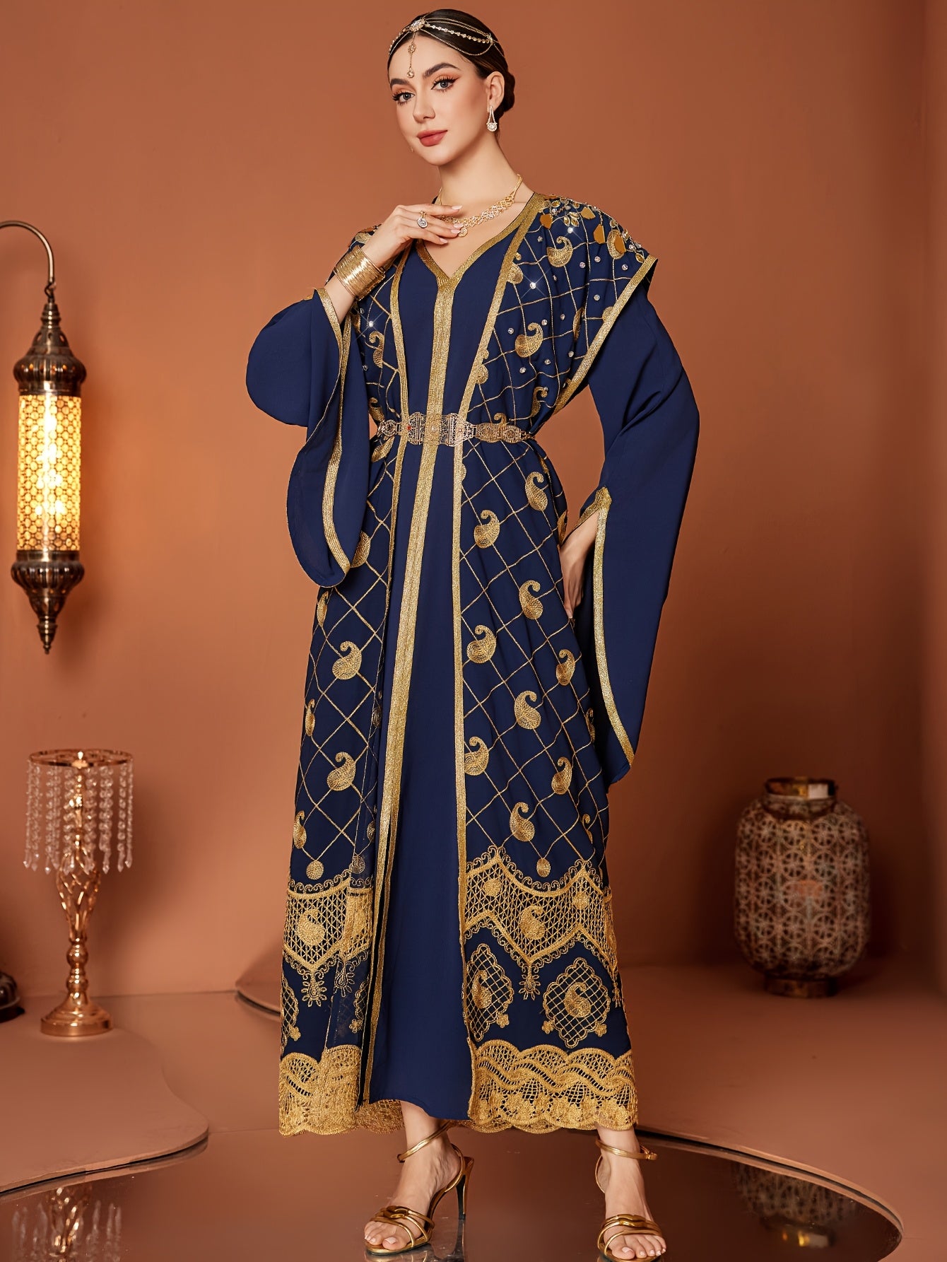 Elegant Long Sleeve Abaya Gown Dress | Women's Middle Eastern-Inspired Navy Blue & Golden Lace Trim - Lightweight 100% Polyester, Belted Waist, Hand Wash Only, Spring/Summer Casual to Formal Wear