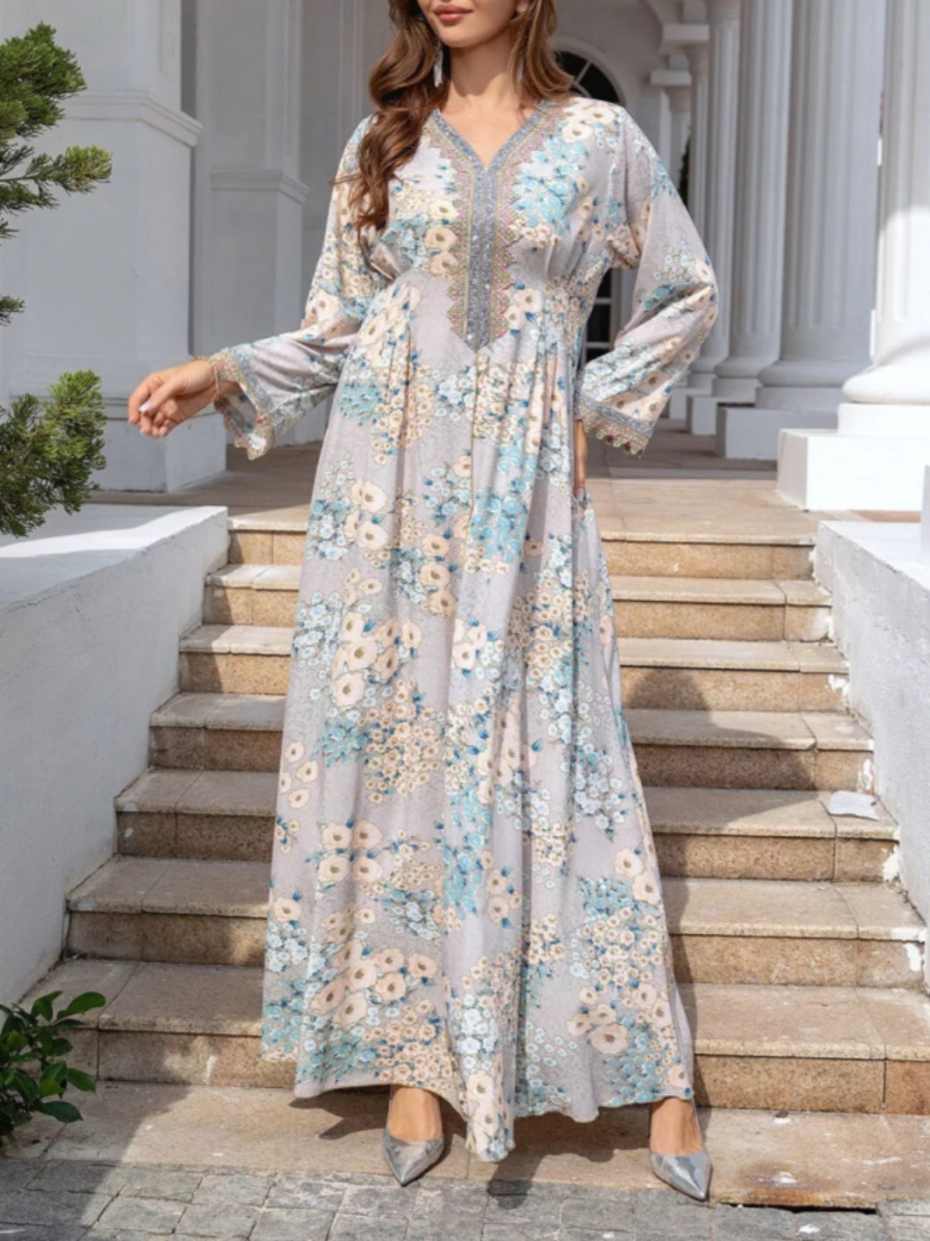 Women'S Light Blue Floral Print Abaya Baju Dress - Long Sleeve V-Neck, Asymmetrical Hem, Flowy Beach Cover-Up with Pockets, Casual & Modest Style for Casual Attire, Beach Dress