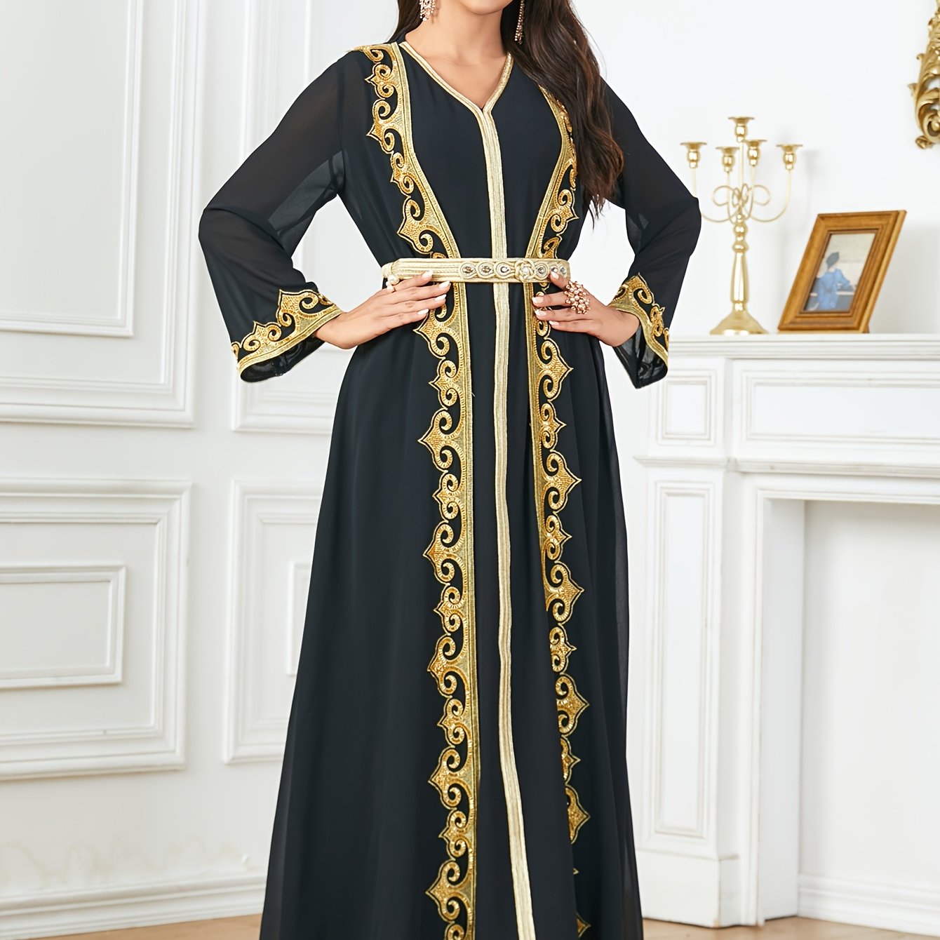 New Middle Eastern Emirati Abaya Dress + Cardigan Lace Embroidery Long Sleeve Two-Piece Robe Dress