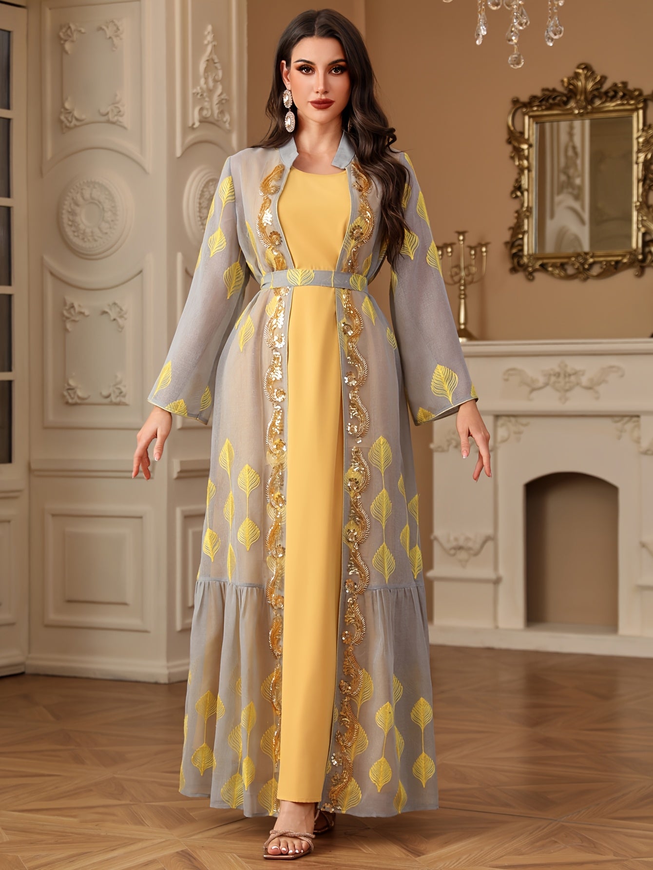 Stylish Round Neck Solid Color Long Abaya Gown Dress + Embroidered Sequin Beaded Long Sleeve Waist-Cinched Two-Piece Set