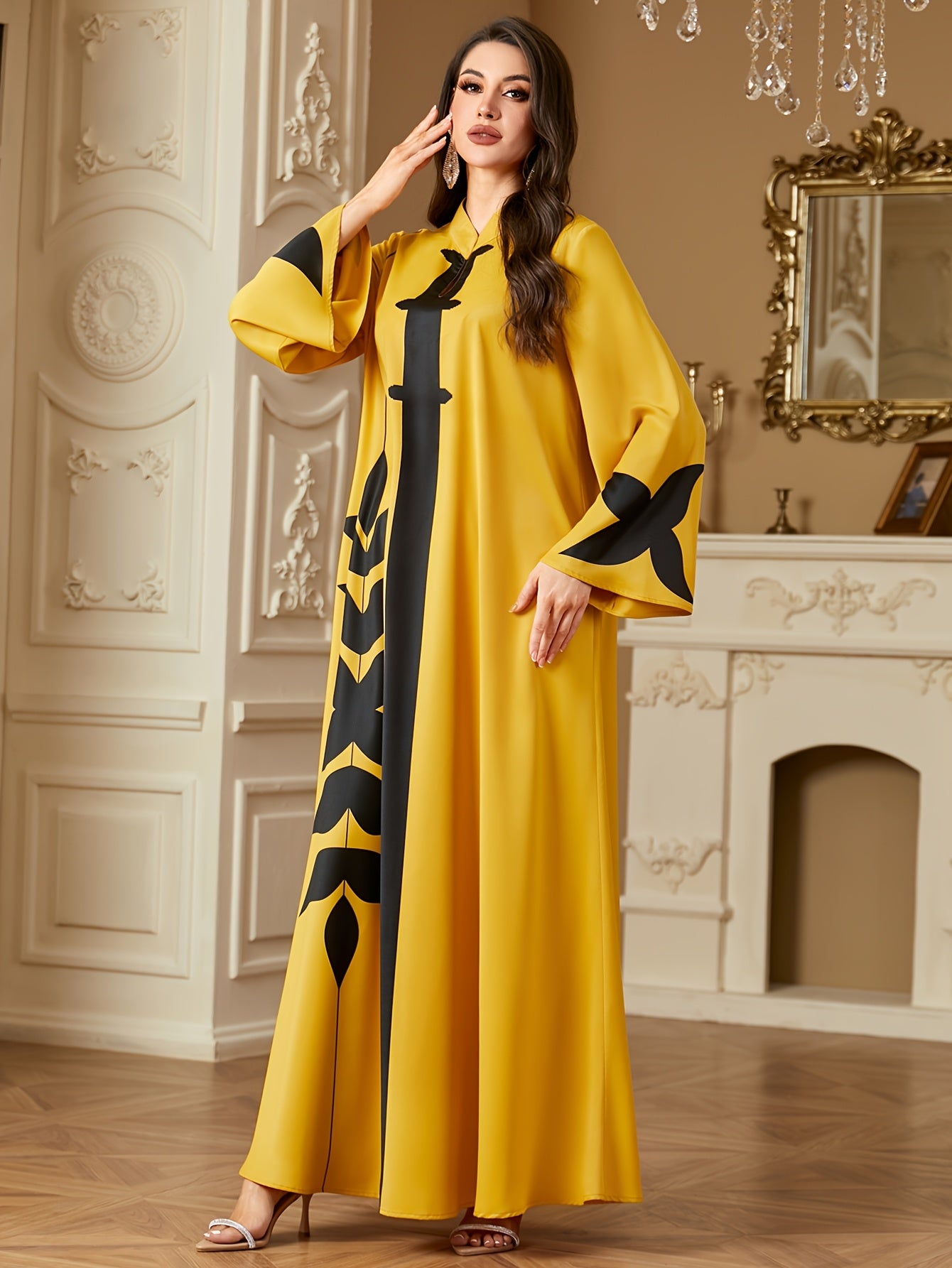 Stylish Elegant Tribal Print | Long Sleeve Baju Abaya | 100% Polyester, Non-Stretch Woven Fabric, Regular Sleeve, All Season, A-Fit, 120g/m², Versatile