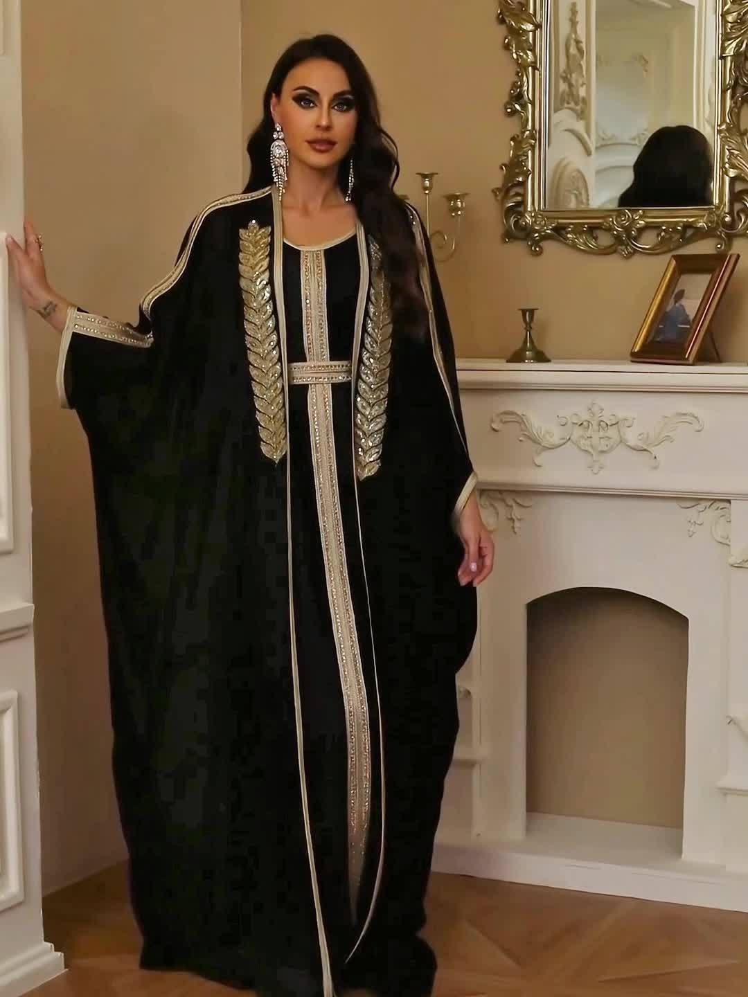Elegant Ramadan Style Sequin Abaya Gown Dress with Mesh Overlay and Batwing Sleeves - Round Neck, Black with Golden Accents, Flowing Draped Waist, Perfect for Women's Fashion, Festive Attire|Elegant Attire