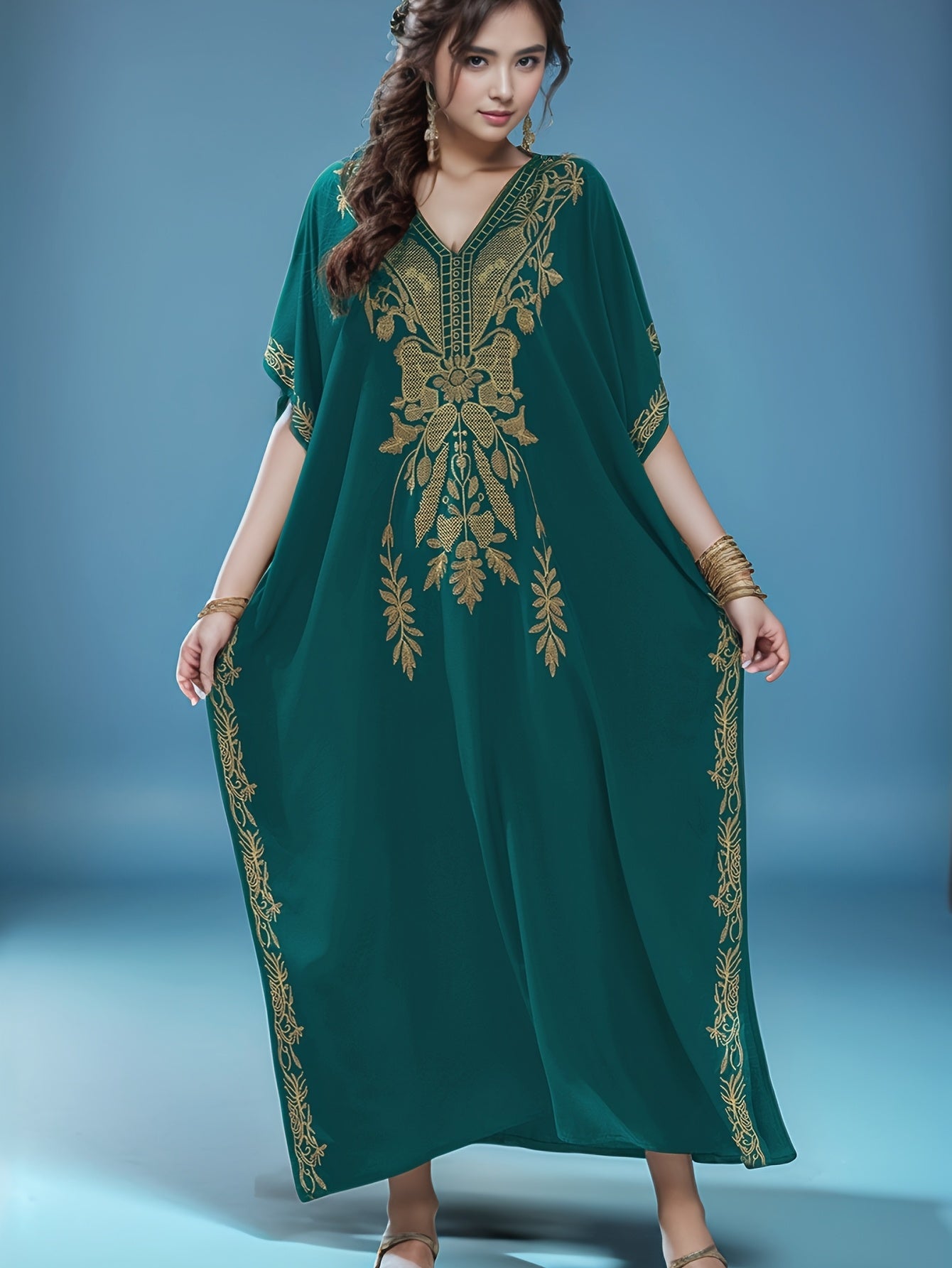 Women's Plus Size V-Neck Golden Embroidered Kaftan Dress - Elegant Sid   Fabulive