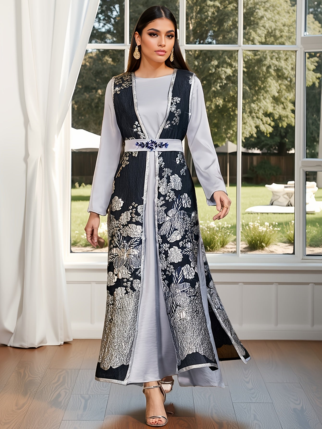 Middle Eastern Women's Casual Printed Emirati Abaya Set, Two-Piece Outfit with Floral Pattern and Rhinestone Embellishments, Long Sleeve, Spring/Summer Wear