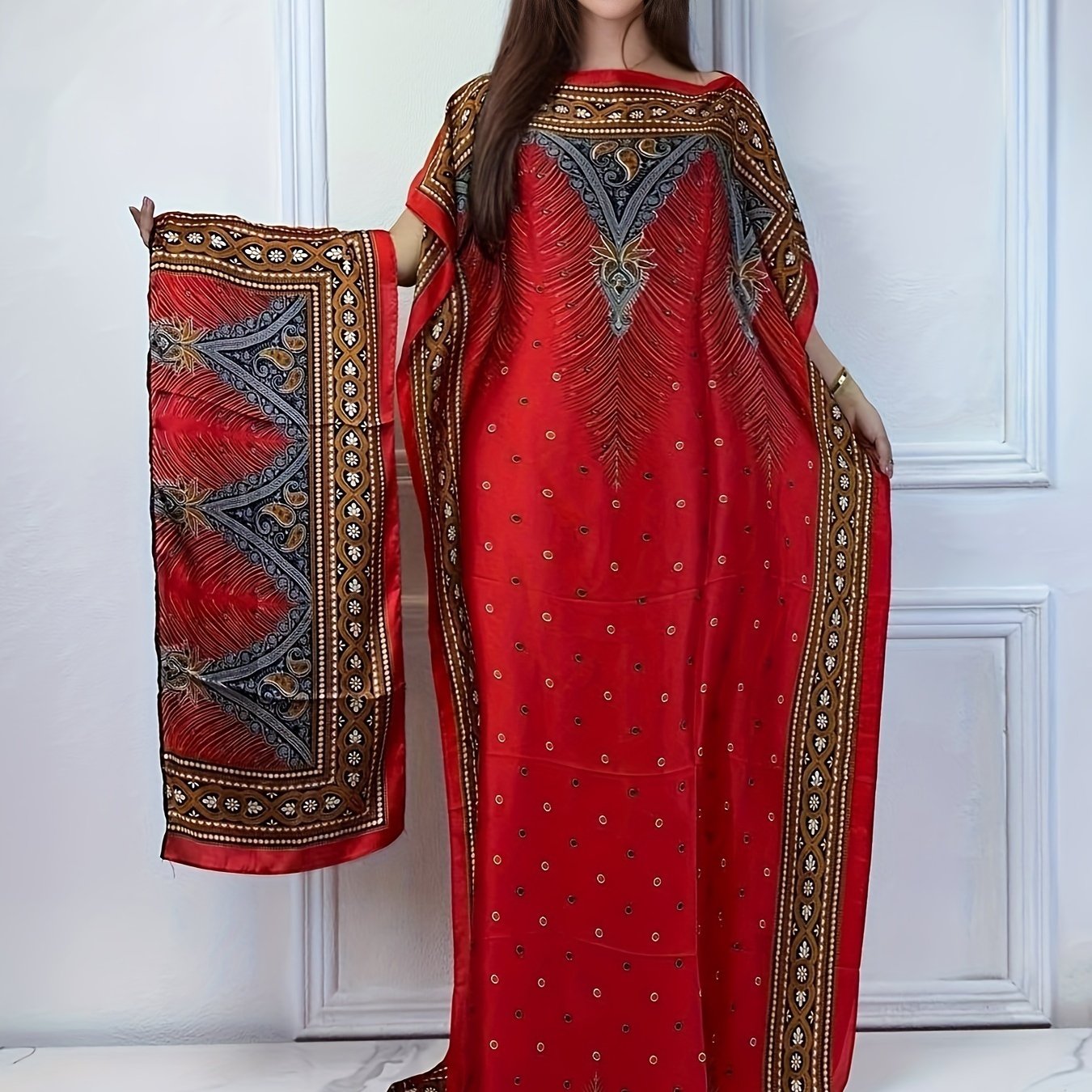 Women's Elegant Short Sleeve Loose Fit Long Dress - Traditional Middle Eastern Baju Abaya with All-Over Floral Print, Adjustable Waist Belt & Boat Neck Scarf - Breathable Machine-Washable