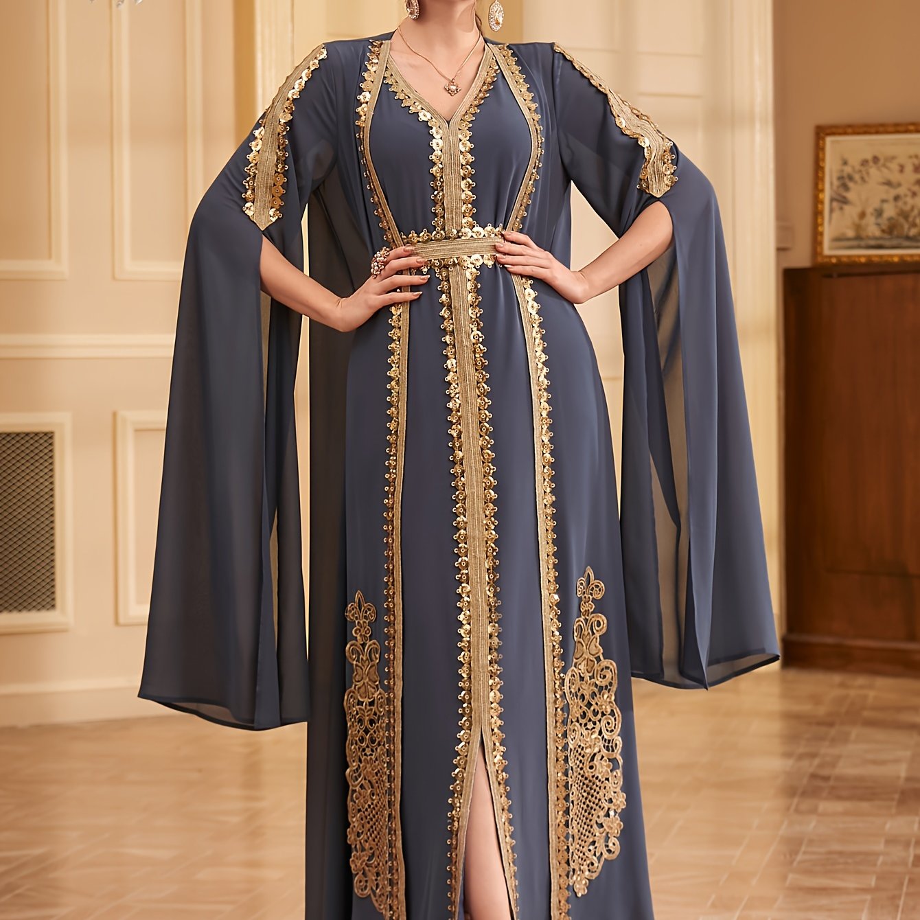 Two-piece Set: Fashion Embroidered Vest with Waist Cincher and Long Skirt + Cardigan with Sequins and Split Long Sleeves Abaya Gown Dress