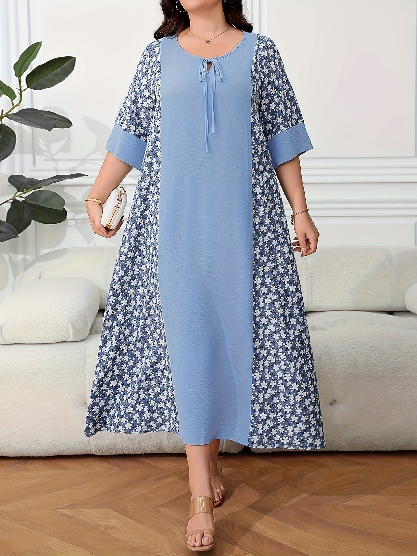 Plus Size Floral Print Tie Front Bow Baju Abaya - Blue Floral on Light Blue, Loose Fit Maxi Dress with Short Sleeves, Machine Washable Non-Stretch Fabric, Middle Eastern-Inspired Design