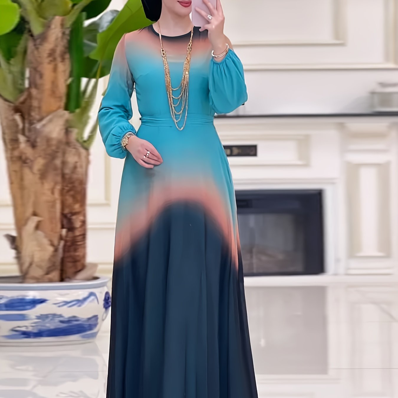 Women's Middle Eastern Muslim Baju Abaya Kaftan Dress - Teal to Orange Gradient Long Sleeve Long Dress, Machine Washable All-Season Modest Traditional Attire for Casual & Formal Occasions