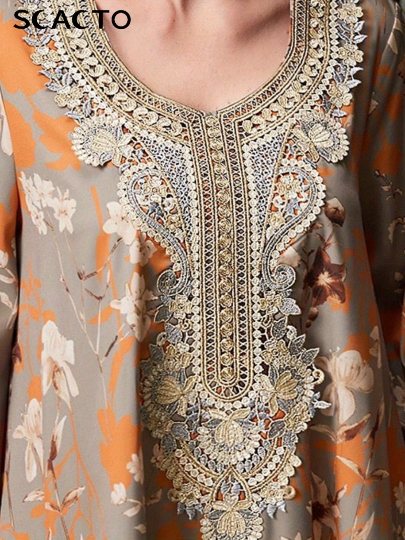 Plus Size, Women's Elegant Plus Size Floral Print Maxi Dress| Baju Abaya - Middle Eastern Bohemian Style Embroidery Long Dress