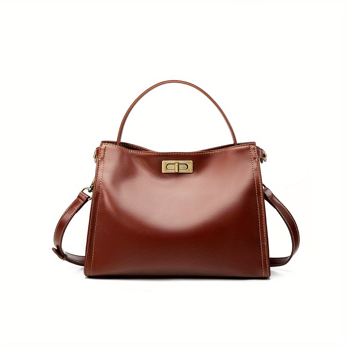 Women's Genuine Leather Crossbody Bag - Retro Minimalist Design with Golden-Tone Clasp Closure, Versatile Commuting & Dating Handbag