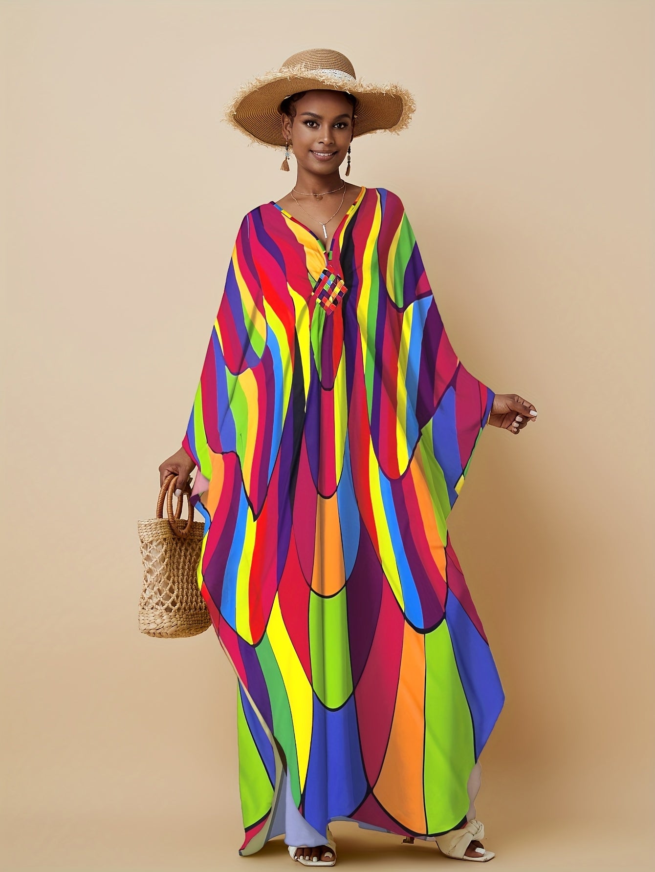 Plus size, Women's Plus Size Kaftan Dresses Colorful Color Block Patterns Rainbow Prints Ethnic Style Dress Vacation Plus Size Kaftan Robe Beach Cover