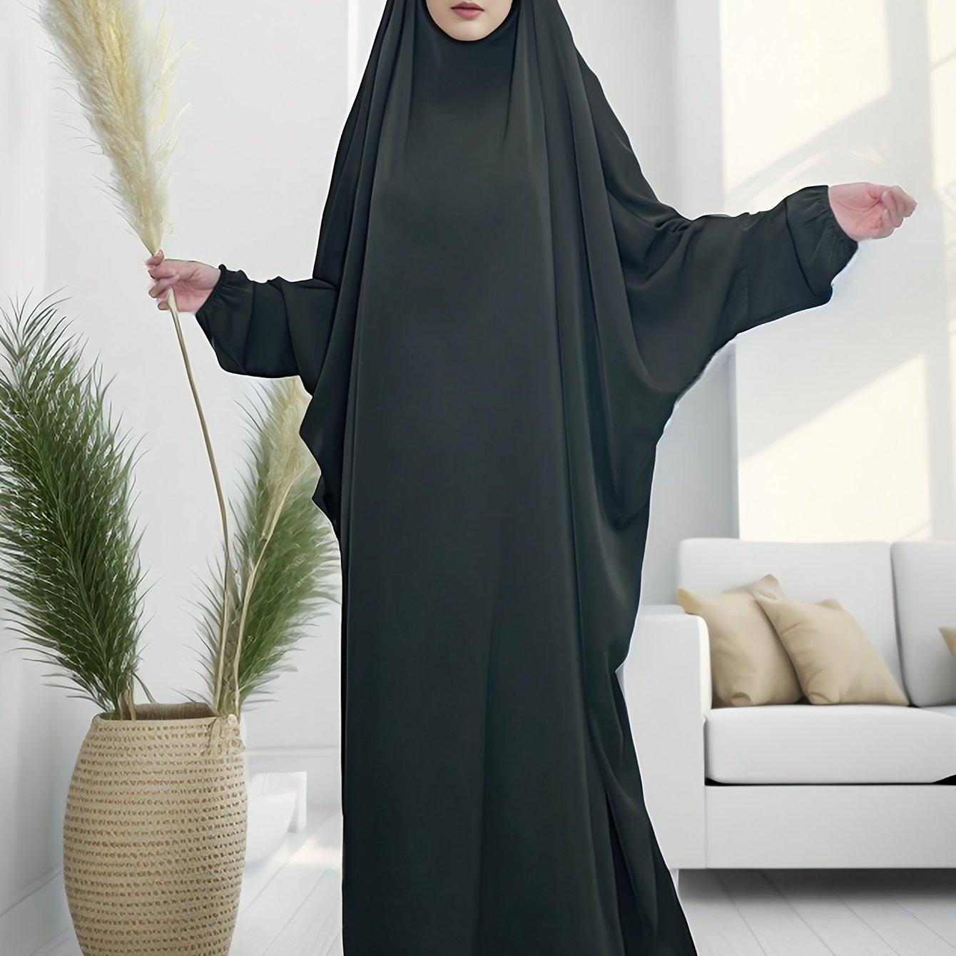 Elegant Solid Black Baju Abaya Prayer Dress - Loose Fit Batwing Sleeves Long Sleeve Ramadan Abaya with Hijab Headscarf, Traditional Middle Eastern All-Season Long Robe for Women