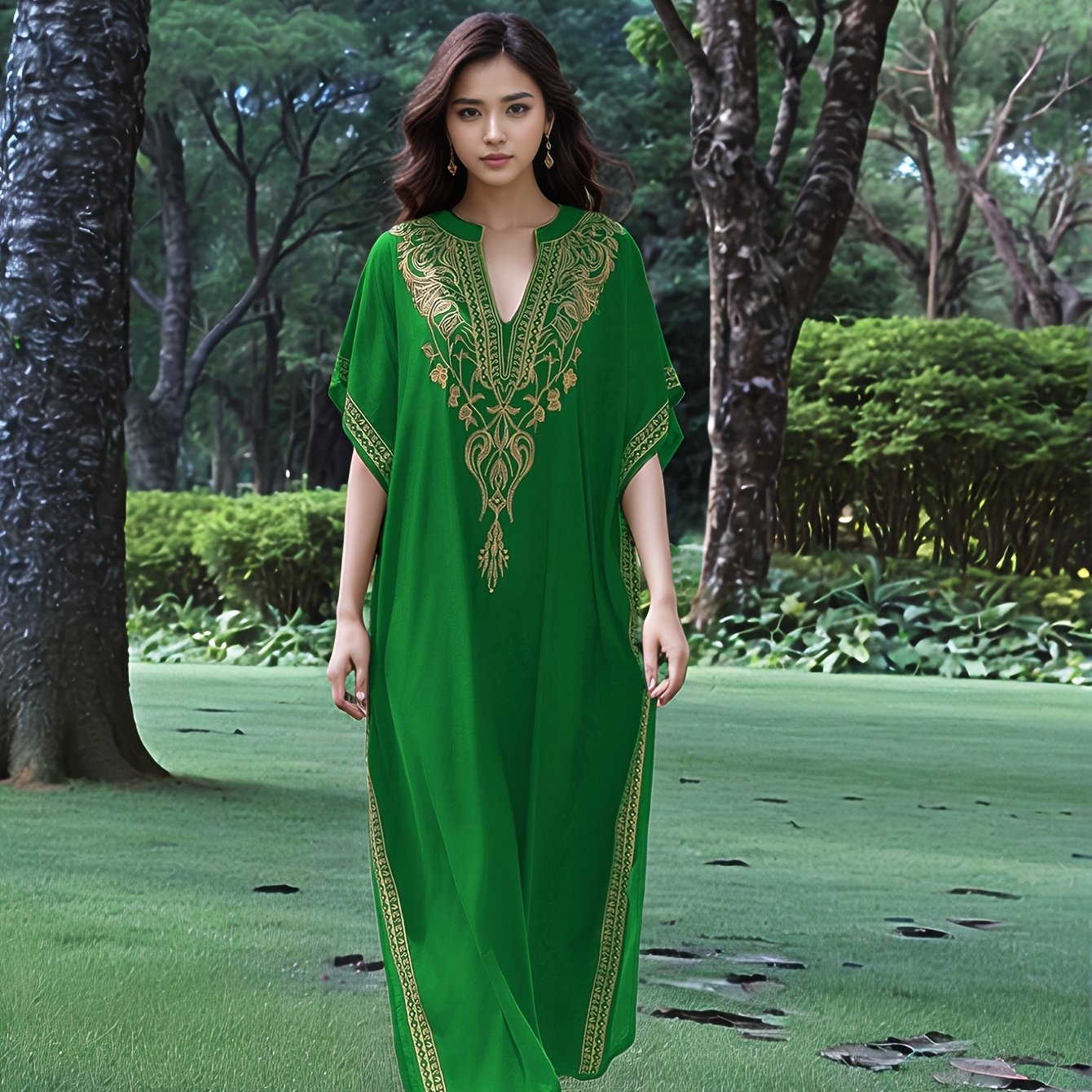 Elegant Gold Embroidered Resort Gown Kaftan Dress V-Neck Beach Blouse Plus Size Kaftan