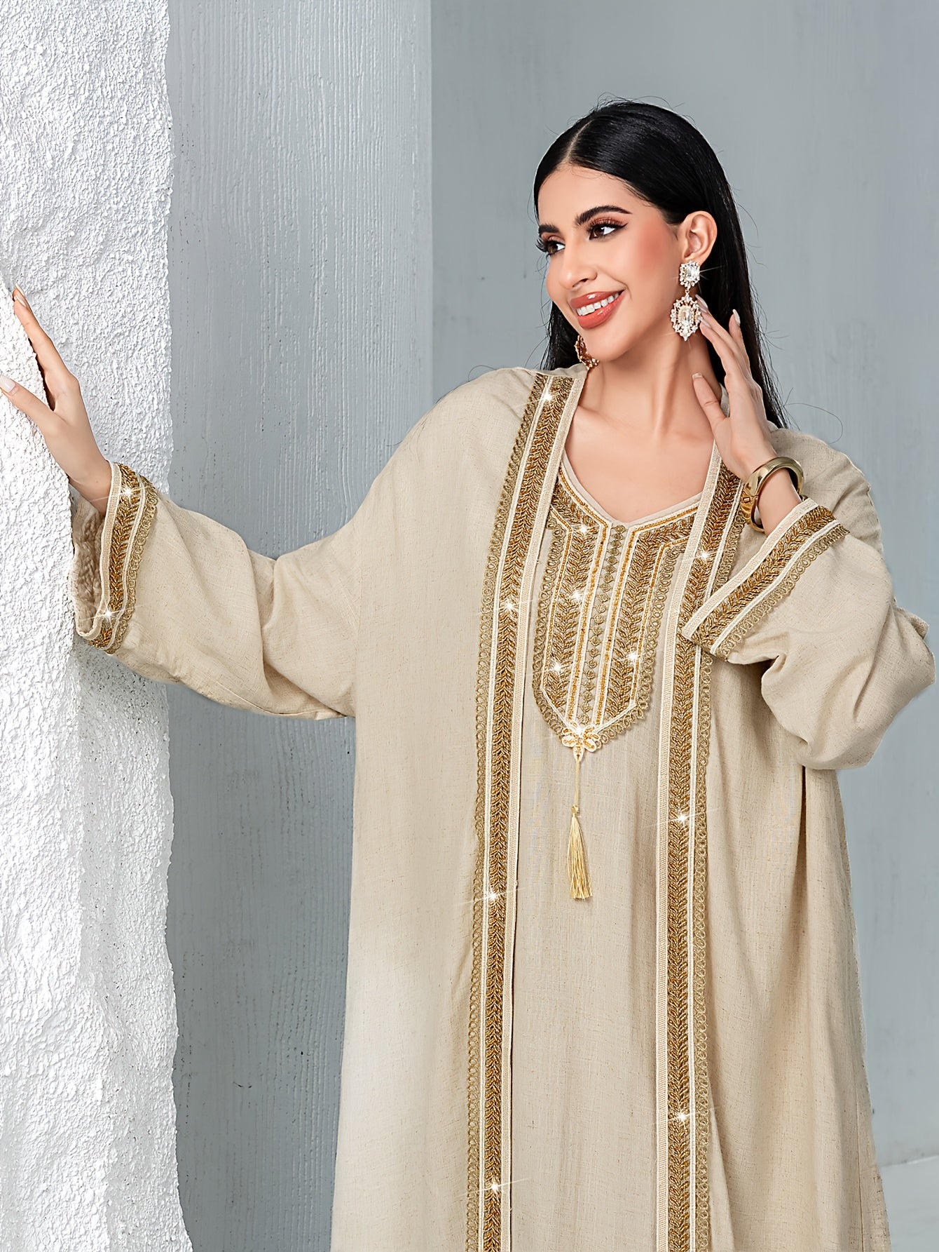 Beige Handmade Rhinestone Embellished Traditional Style Two-Piece Set Abaya Gown Dress