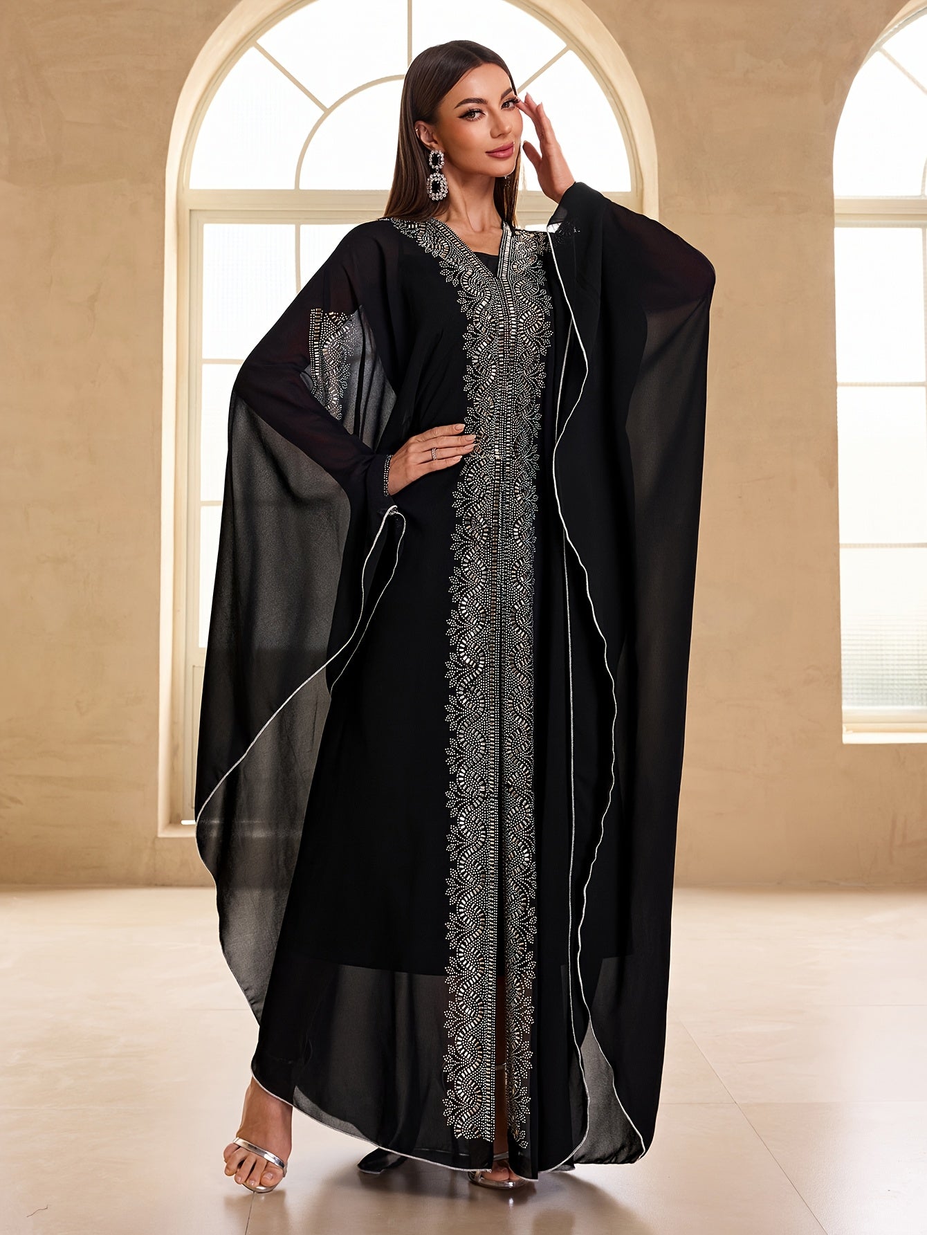 Women Modest Festival Abaya Dress Arabic Style Rhinestone Chiffon V-Neck 2pcs Set Prom Party Long Dress Turkish Style Hooded Long Sleeve Dress Kaftan Arabian Dress