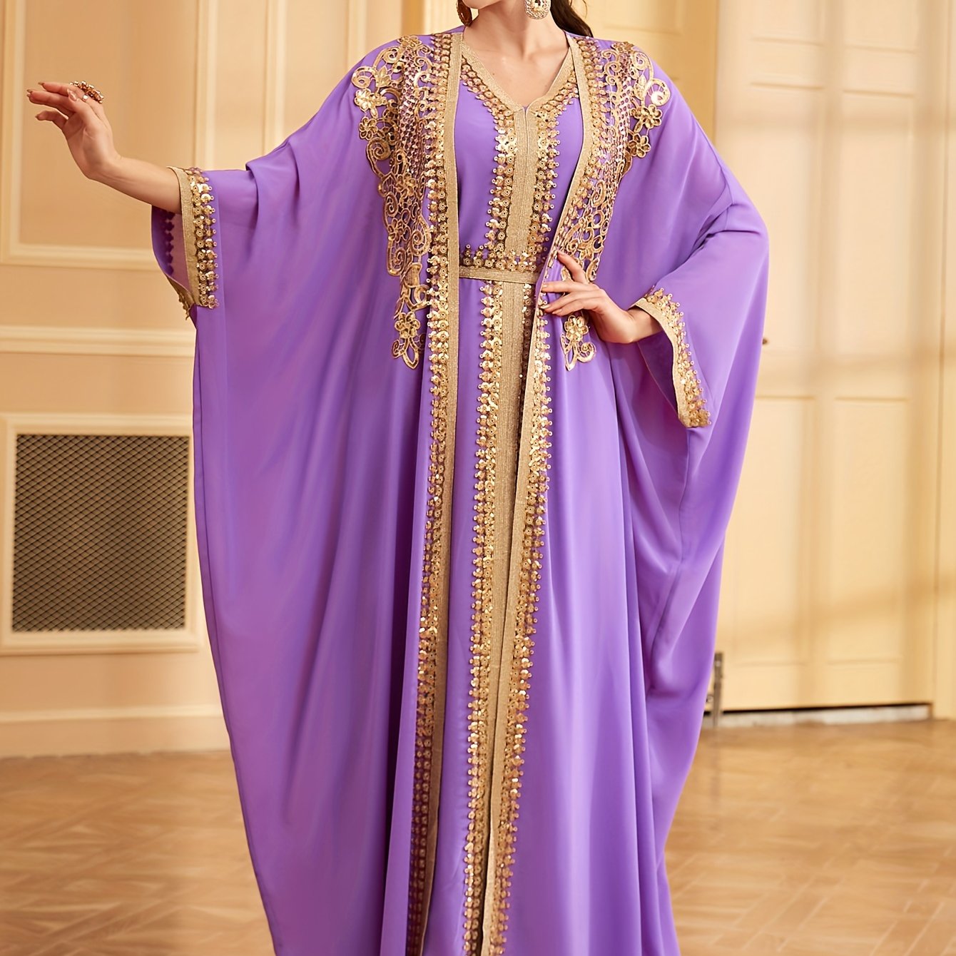 Middle Eastern Muslim Lace Weft Vest Abaya Gown Dress + Cardigan Sequin Embroidery Bat Sleeve Loose Robe Jacket Two-piece Set