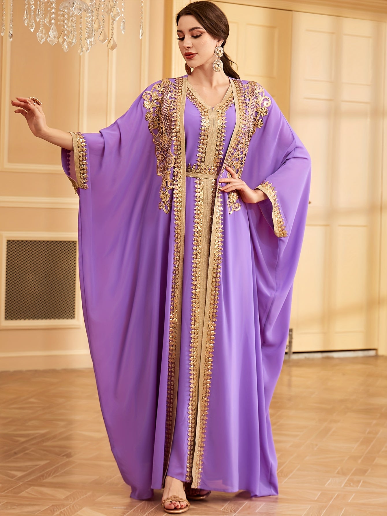 Middle Eastern Muslim Lace Weft Vest Abaya Gown Dress + Cardigan Sequin Embroidery Bat Sleeve Loose Robe Jacket Two-Piece Set