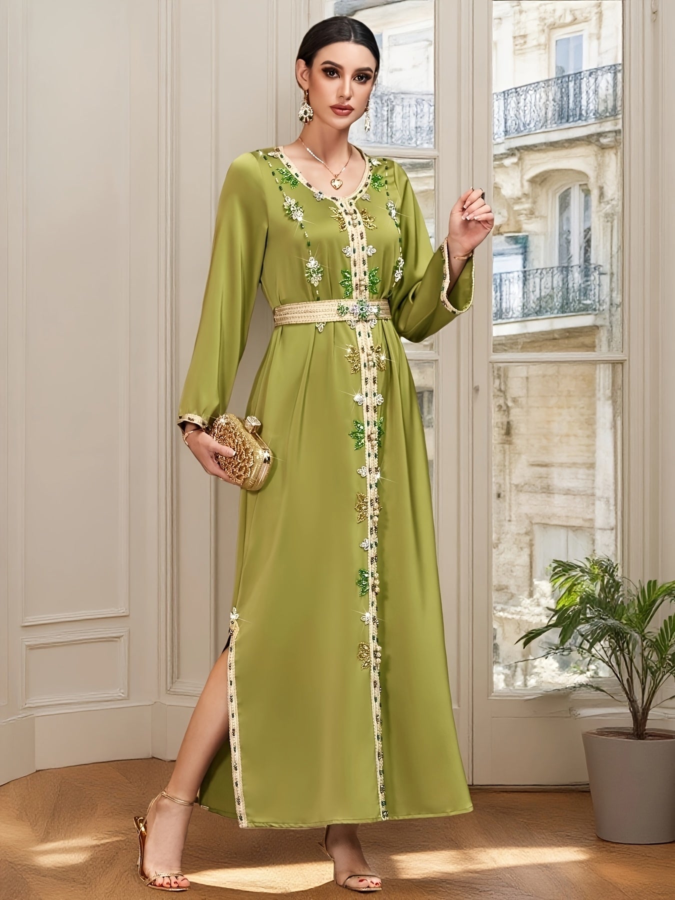Women's Olive Green Emirati Abaya Gown with Sparkling Rhinestone Embellishments, Long Sleeves, and Belted Waist - Elegant Floor-Length Dress for Spring/Summer, Polyester Blend, Machine Washable