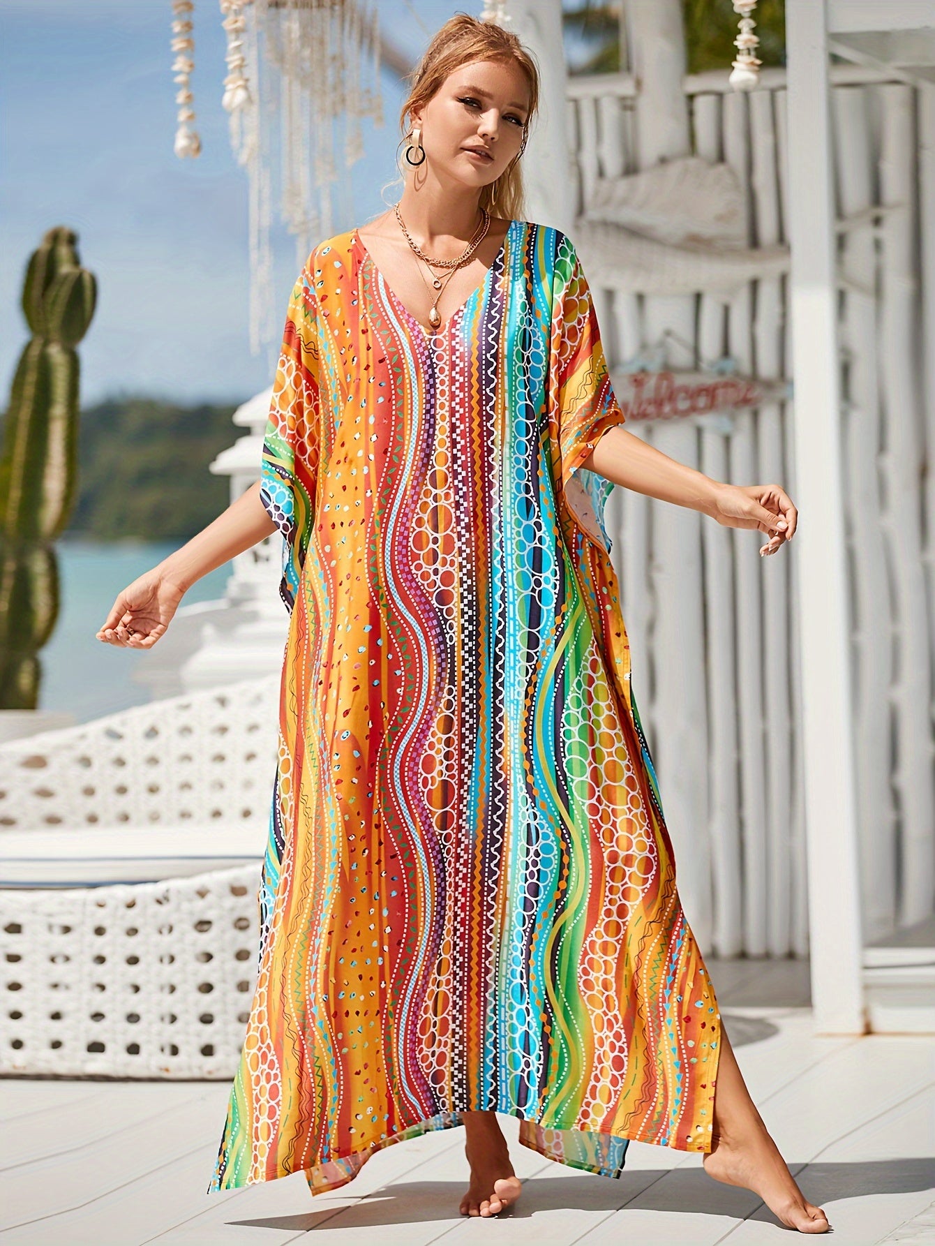 Women's Casual Long Beach Cover Up Shirt with V-Neck and Side Slit Bikini Sun Protection Shirt Kaftan Dress Swimsuit Cover Up