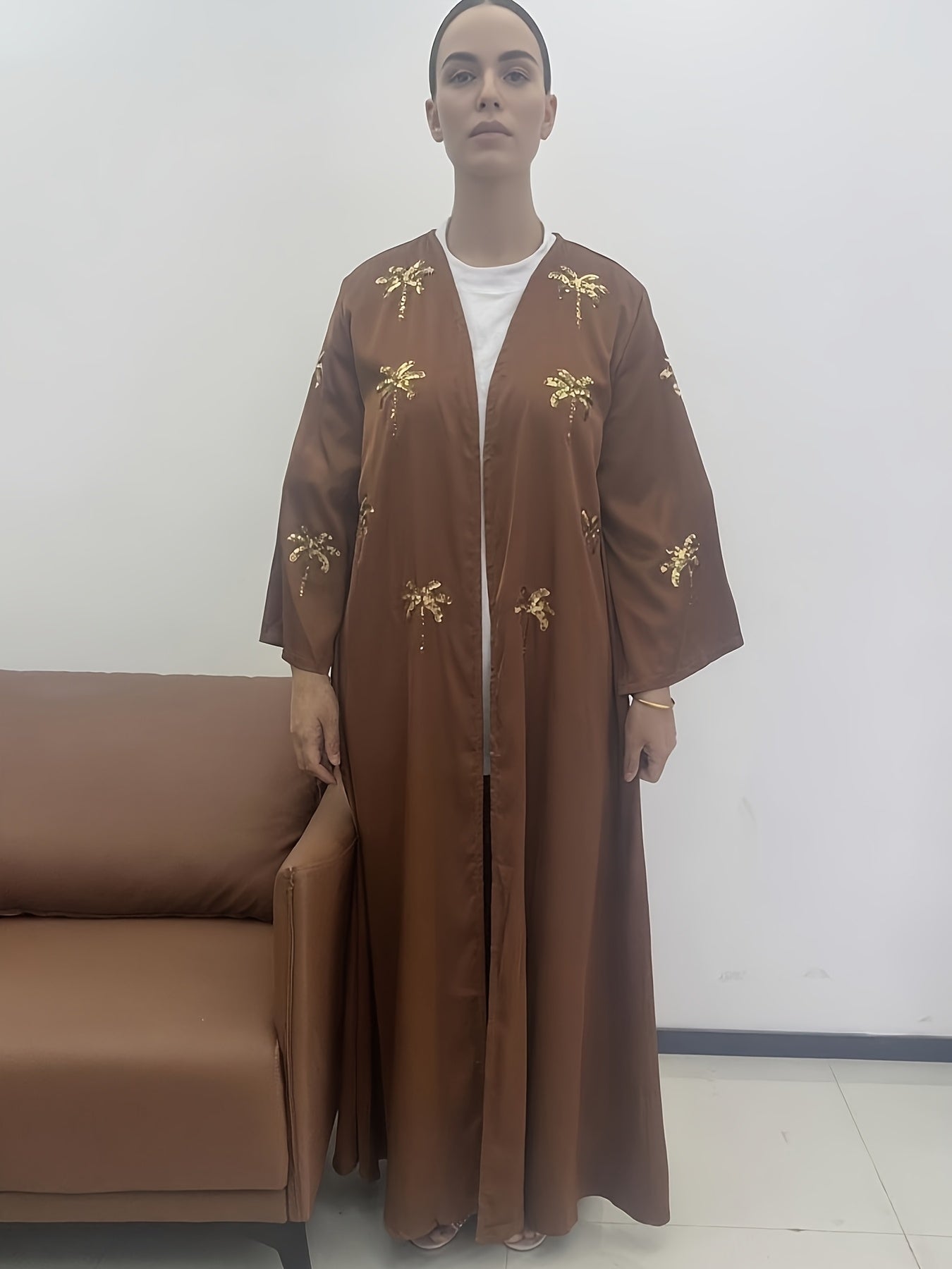Elegant Brown Kimono Abaya with Golden Embroidery - Modest Long Dress for Women, Perfect for Casual Outings, All-Season Comfort, Casual Abaya | Elegant Abaya | Sequin Embroidery