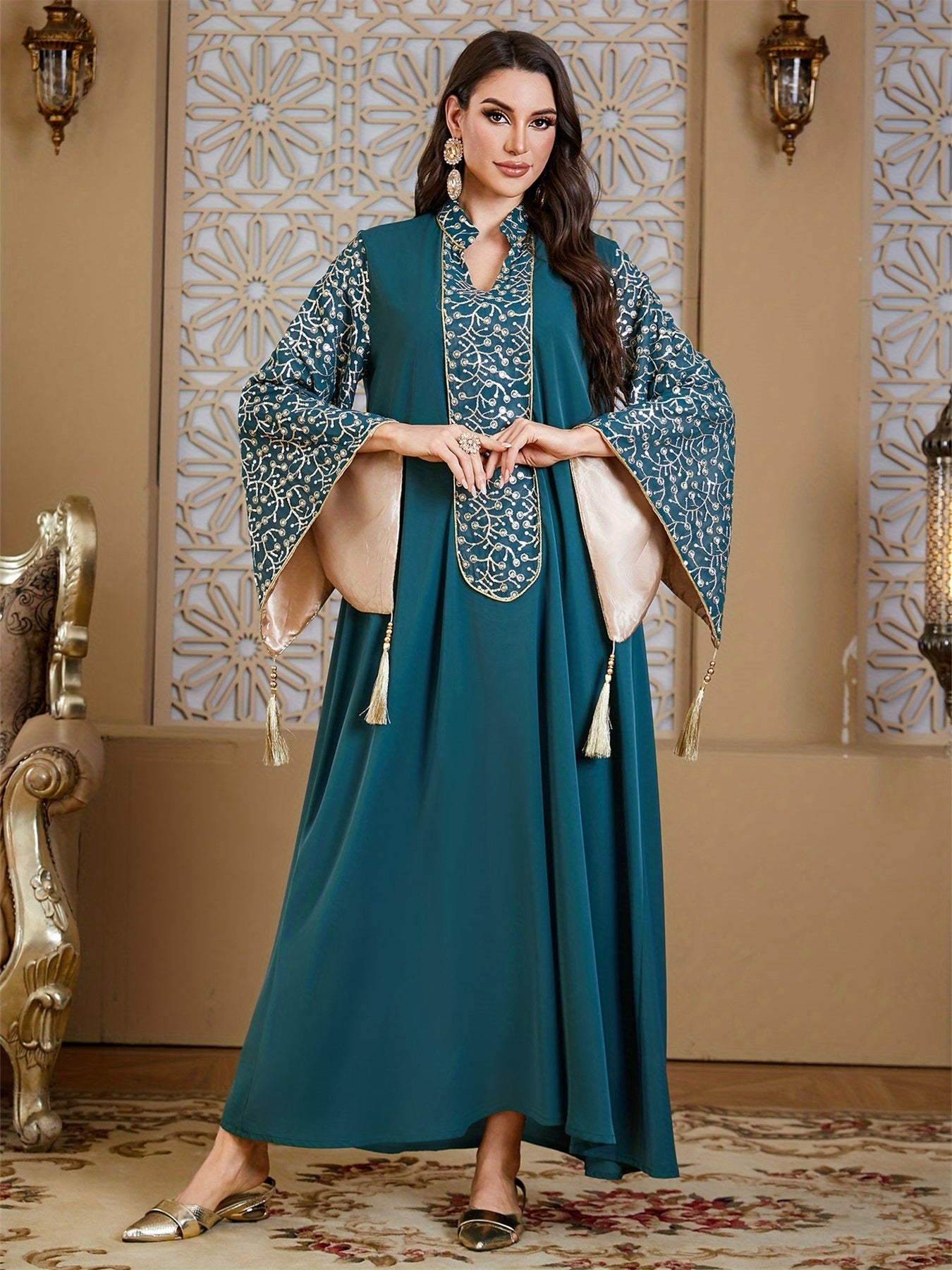Elegant Muslim Kaftan Abaya Evening Dress with Floral Embroidery & Tassel Flare Sleeves - Navy Blue Maxi Abaya for Women, Middle Eastern-Inspired