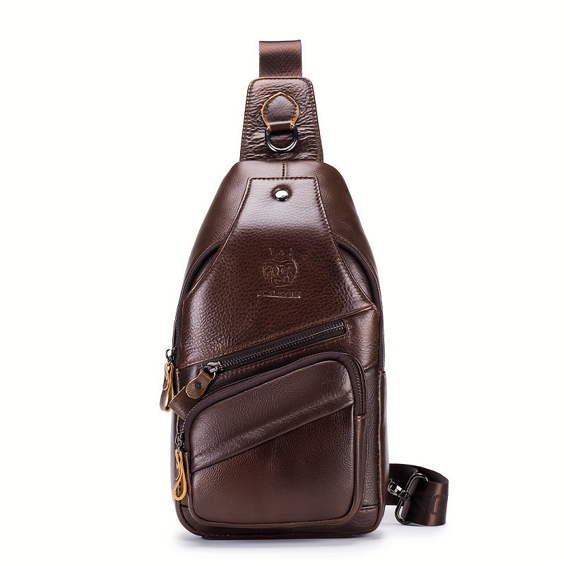 Men's Top Layer Cowhide Sling Bag, Genuine Leather Crossbody Bag, Retro Fashion Commuter Bag Multi-functional Travel Slant Shoulder Bag