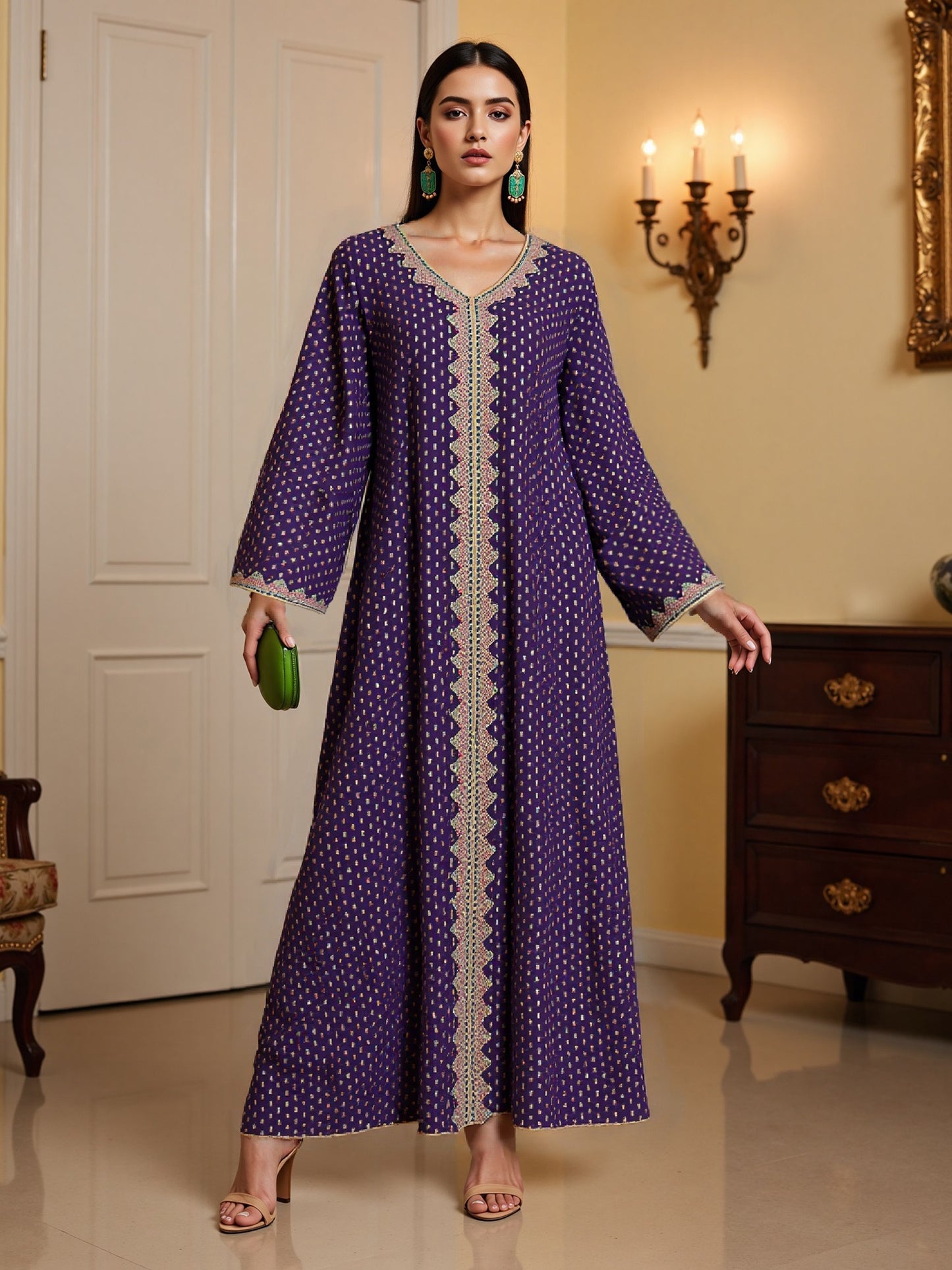 Elegant V-Neck Long Sleeve Baju Abaya Dress for Women - Green & White Polka Dot, Loose Fit with Pockets, Perfect for Daily Wear, Spring/Fall Fashion, Casual Attire | V-neck Dress | Polyester Fabric