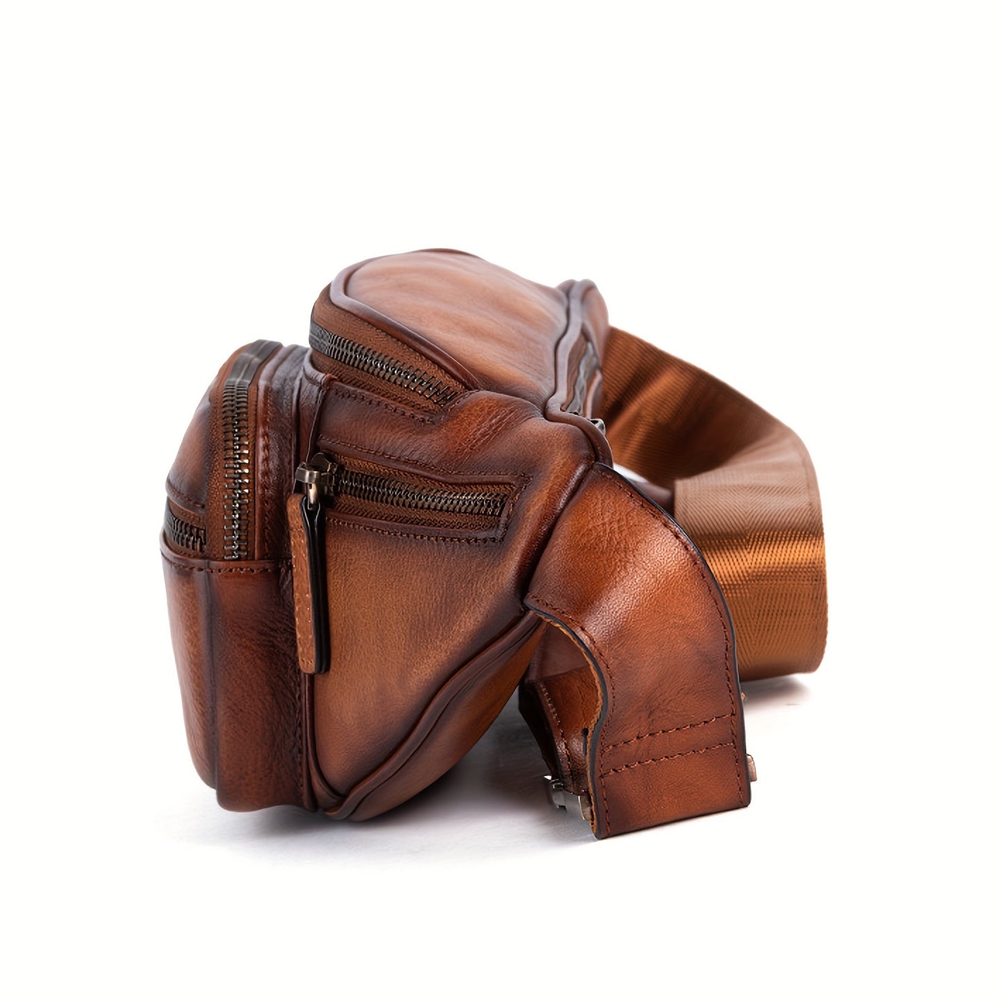 Premium Genuine Leather Fanny Pack for Men & Women - Adjustable Sling Bag with Multiple Zipper Pockets, Brown Leather Crossbody Chest Bag
