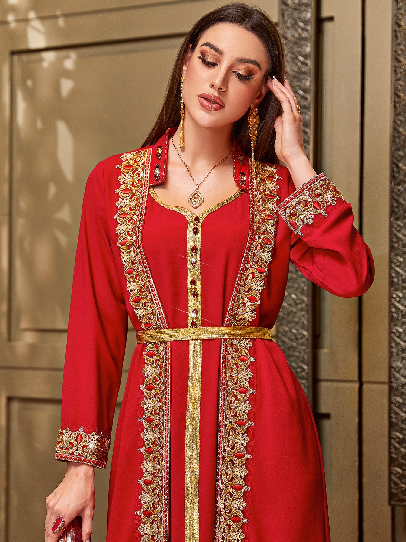 Elegant Red Faux Two-Piece Casual Middle Eastern Abaya Gown Dress for Women - Traditional Attire with Sparkling Rhinestone Embellishments, Lantern Sleeves, and a Belted Waist