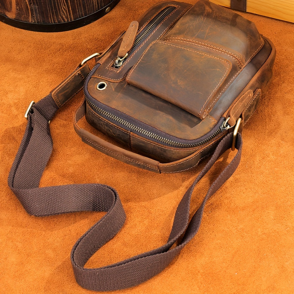 Crazy Horse Leather Shoulder Bag For Men, Fashionable Sling Bag For 7.9-in Tablet, Retro Crossbody Bag For Hanging Out & Daily Commute