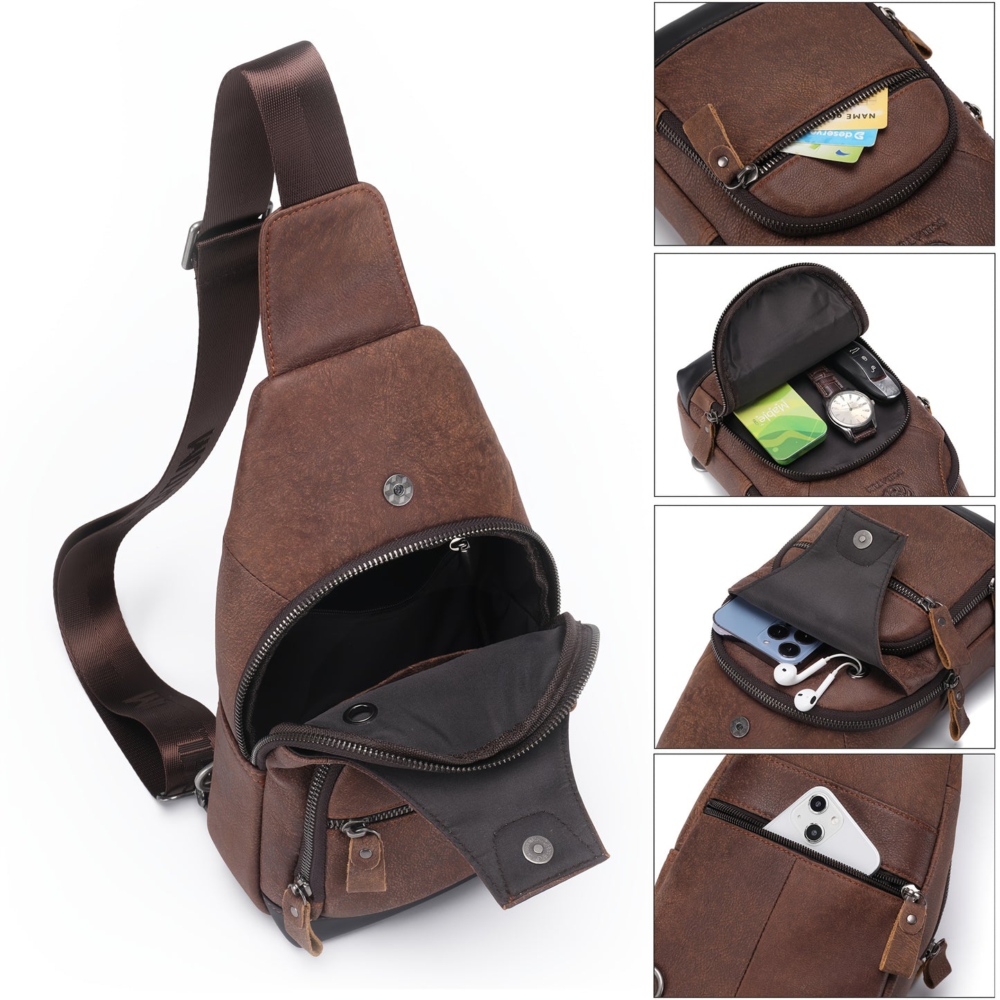Genuine Top-Grain Leather Sling Bag - Casual Chest Pack for Men and Women, Crossbody Shoulder Daypack with Zipper Closure