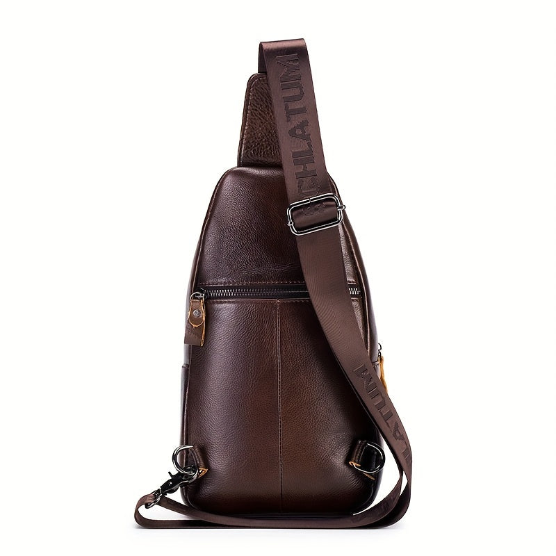 Men's Top Layer Cowhide Sling Bag, Genuine Leather Crossbody Bag, Retro Fashion Commuter Bag Multi-functional Travel Slant Shoulder Bag