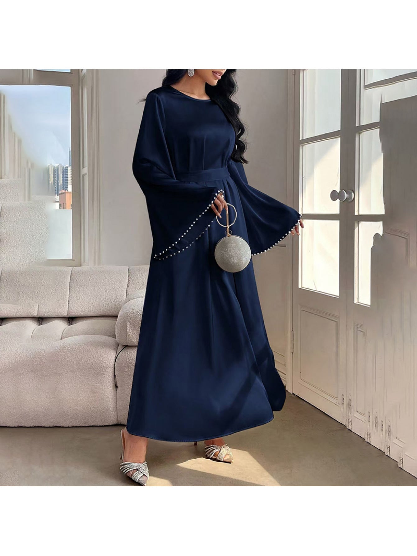 Elegant Round Neck Solid Color Flared Maxi Dress Long Sleeve with Pearl Cuff Detail, Modest A-Line Middle Eastern Turkish Abaya Party & Vacation Dress for Women