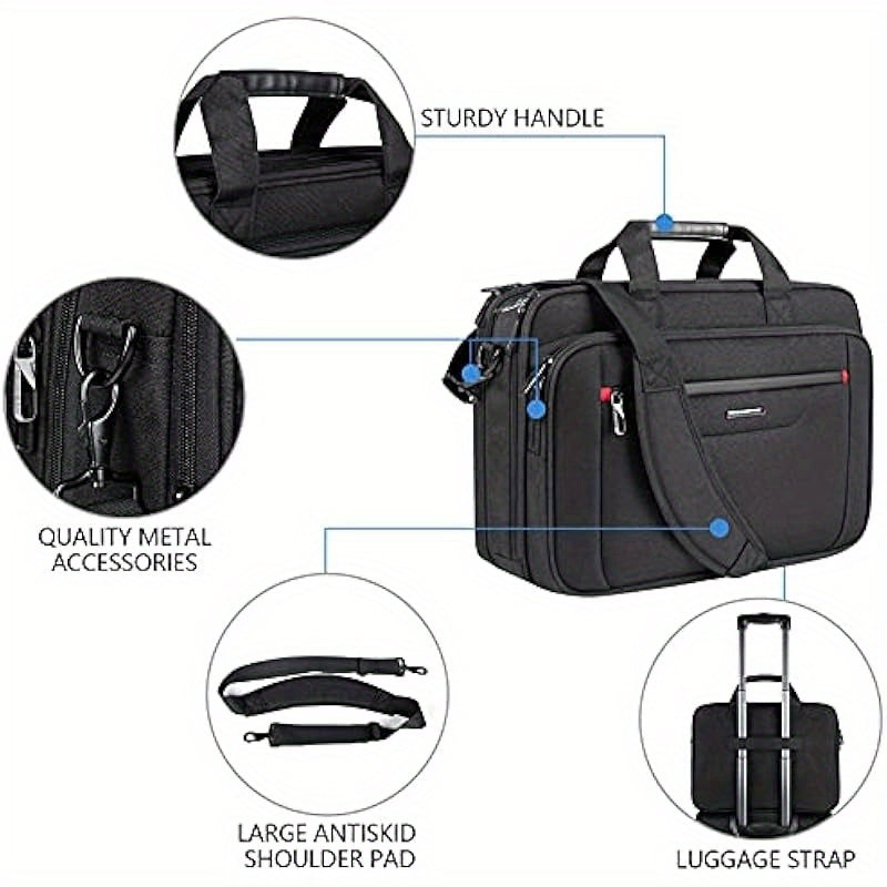 Men Briefcase Premium Leather Laptop Case Fits Up to 17.3 Inch Business Shoulder Bag Laptop Expandable Messenger Bag for Men Women Computer Bag for Travel Business Black