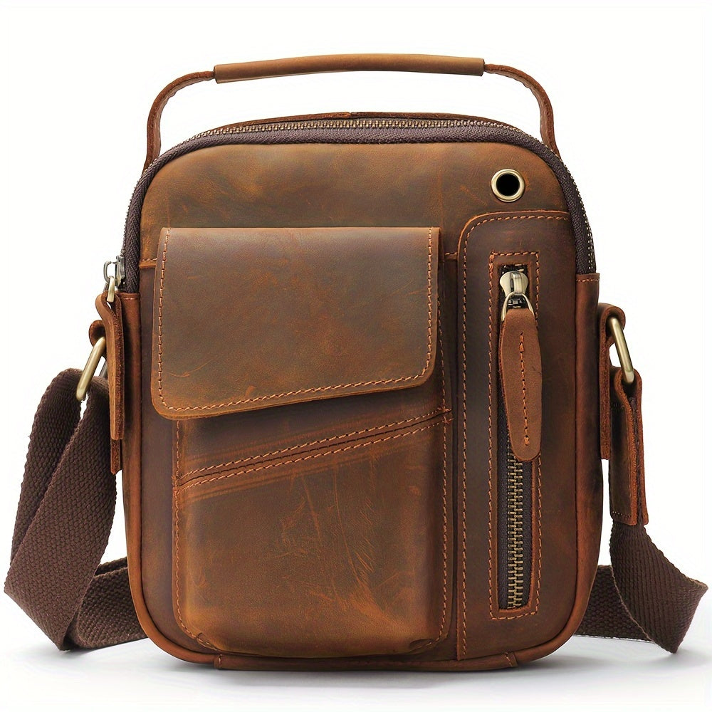 Crazy Horse Leather Shoulder Bag For Men, Fashionable Sling Bag For 7.9-in Tablet, Retro Crossbody Bag For Hanging Out & Daily Commute