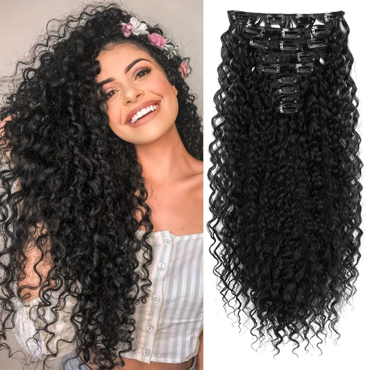 9pcs Clip-In Hair Extensions for Women | 22" Long Curly Thick Heat Resistant Synthetic Soft Deep Wave Hairpieces