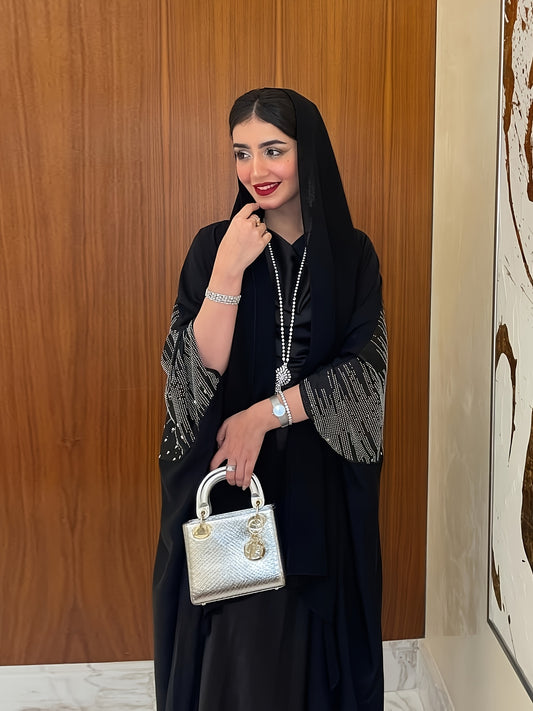 Elegant Rhinestone-Embellished Batwing Sleeve Butterfly Abaya - Solid Black Modest Muslim Women's Long Robe, Machine Washable All-Season Party & Formal Evening Gown