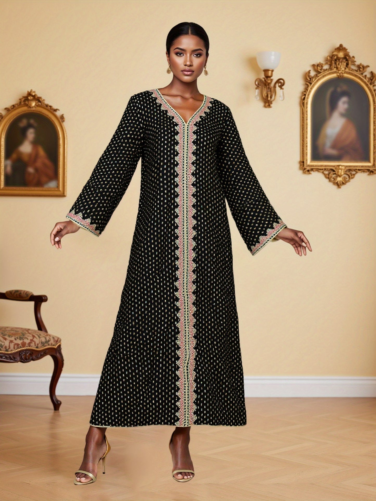 Elegant V-Neck Long Sleeve Baju Abaya Dress for Women - Green & White Polka Dot, Loose Fit with Pockets, Perfect for Daily Wear, Spring/Fall Fashion, Casual Attire | V-neck Dress | Polyester Fabric