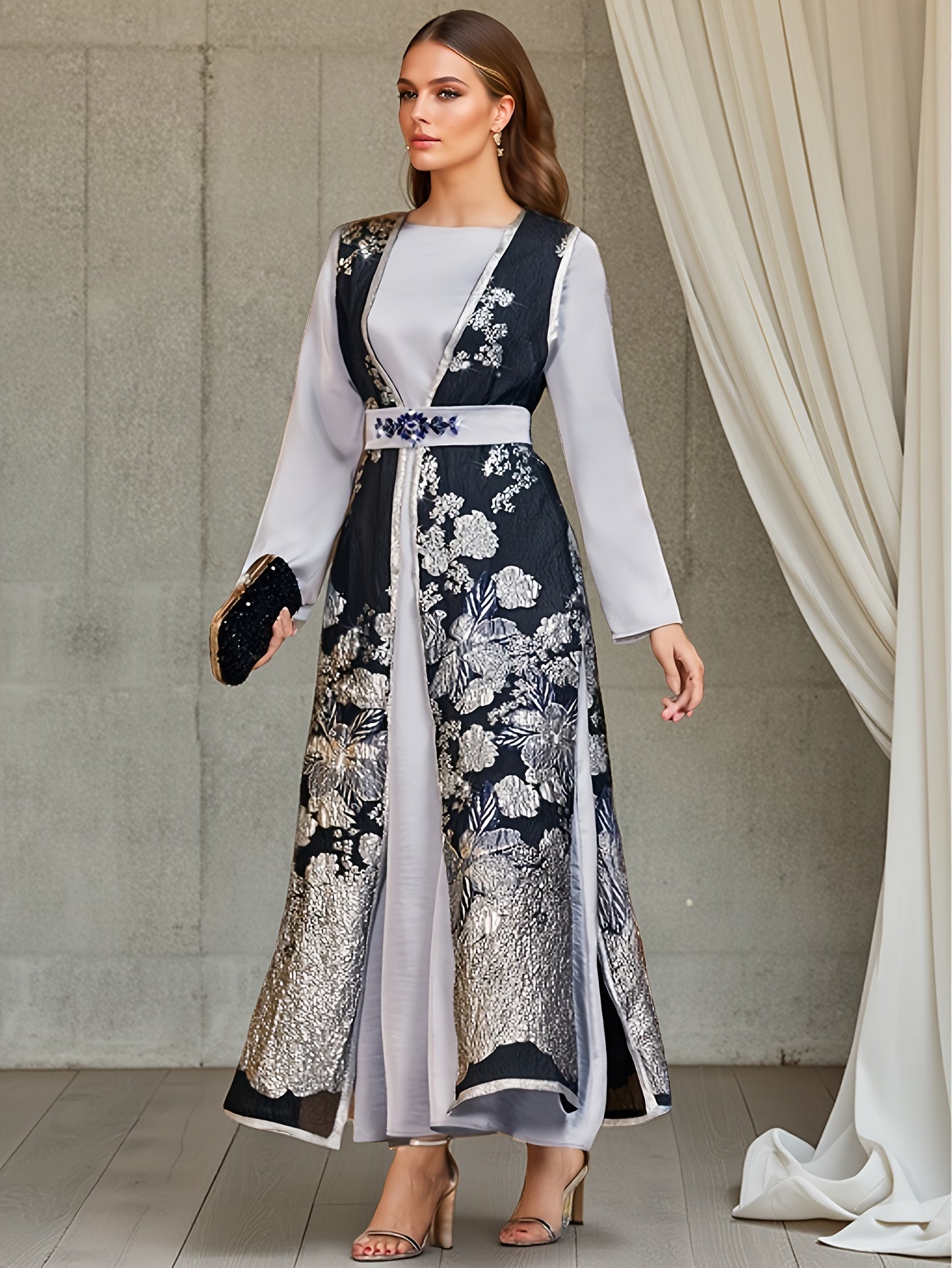 Middle Eastern Women's Casual Printed Emirati Abaya Set, Two-Piece Outfit with Floral Pattern and Rhinestone Embellishments, Long Sleeve, Spring/Summer Wear