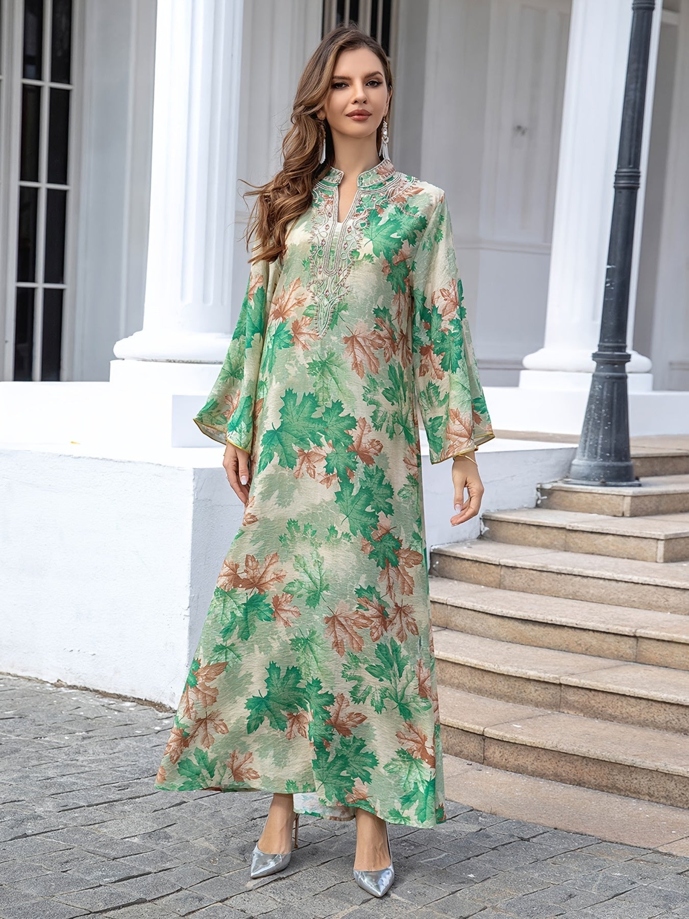 Women's Elegant Floral Baju Abaya Dress - Long Maxi robe with Flowy Loose Fit, Beige & Orange Floral Print Formal & Everyday Islamic Dress - Machine Washable Muslim Wedding Guest Outfit