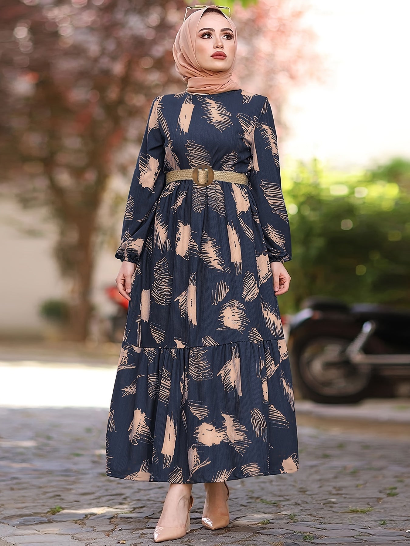 Ramadan Casual Long Sleeve Maxi Kaftan Abaya | Women's All Over Print Crew Neck Dress