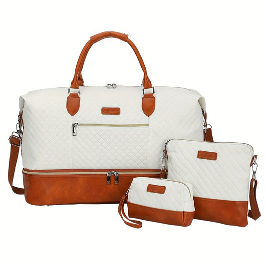 Spacious Geometric Leather Travel Bag Set - Oxford Fabric, Multi-Pocket Design With Crossbody & Toiletry Bags In Cream