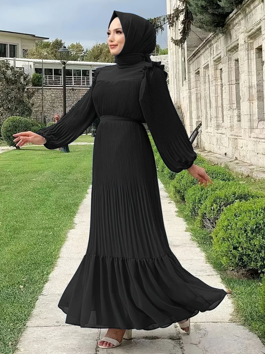 Women's Middle Eastern Muslim Baju Abaya Dress - Modest Long Sleeve Ruffled Hem Solid Color Traditional Dress with Belt, Machine Washable All-Season Casual Wear, Modest Apparel | Soft Texture