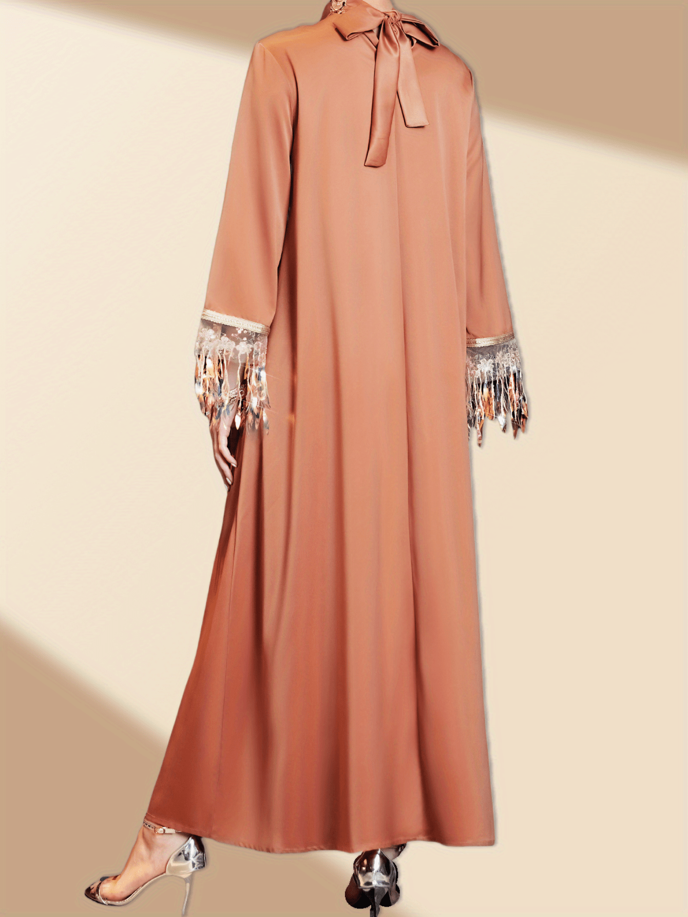 1pc Elegant Solid Color Polyester Maxi Dress with Rhinestone Detailing and Tassel Fringe, Long Sleeve Butterfly Abaya, Woven All-Season Gown
