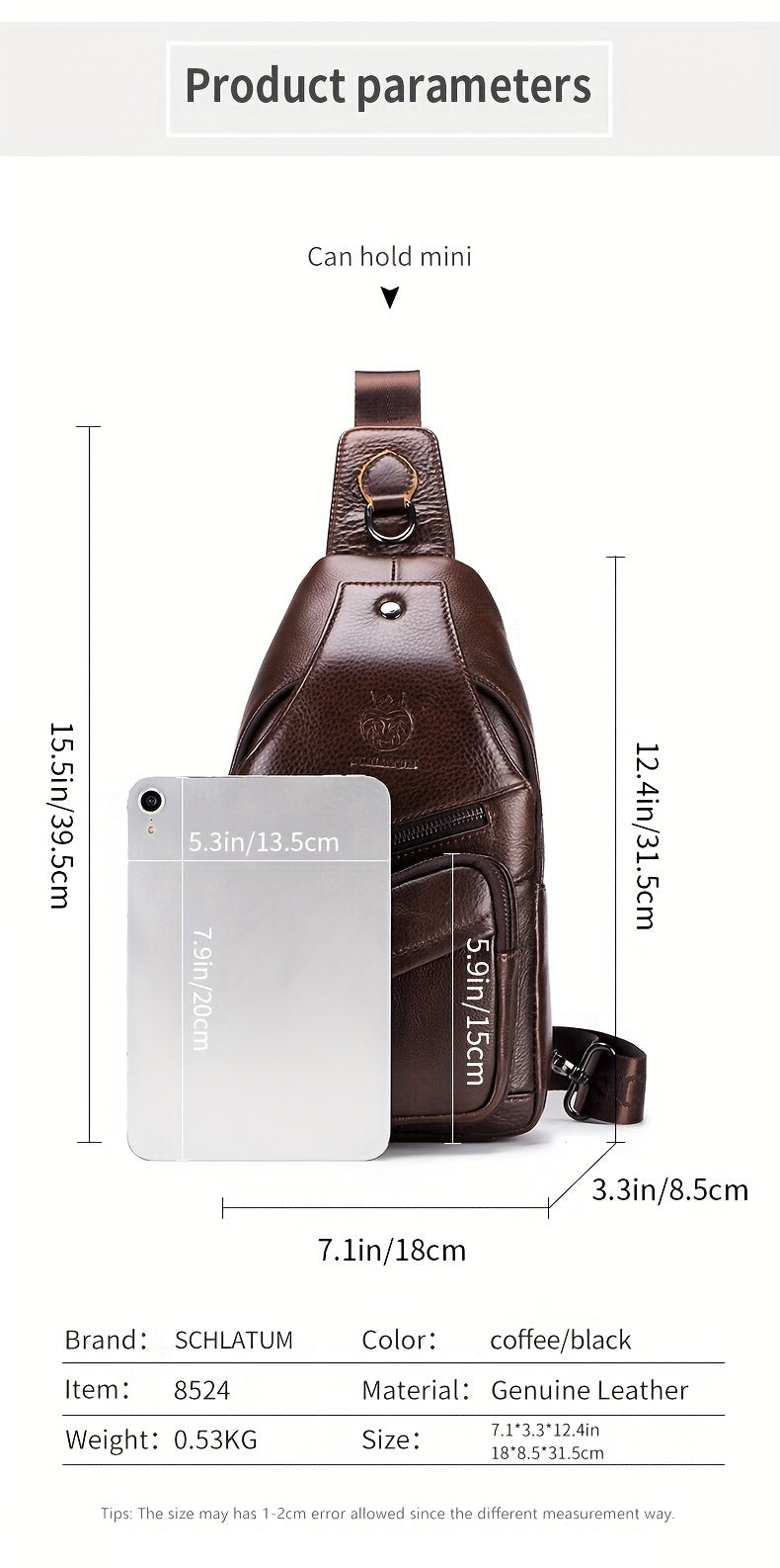 Men's Top Layer Cowhide Sling Bag, Genuine Leather Crossbody Bag, Retro Fashion Commuter Bag Multi-functional Travel Slant Shoulder Bag