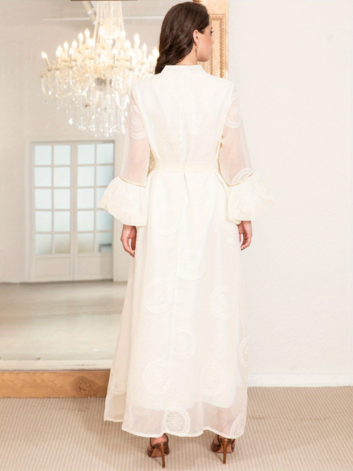 Elegant style High collar Jacquard Dots Embroidery Lantern sleeve Kaftan Baju Abaya