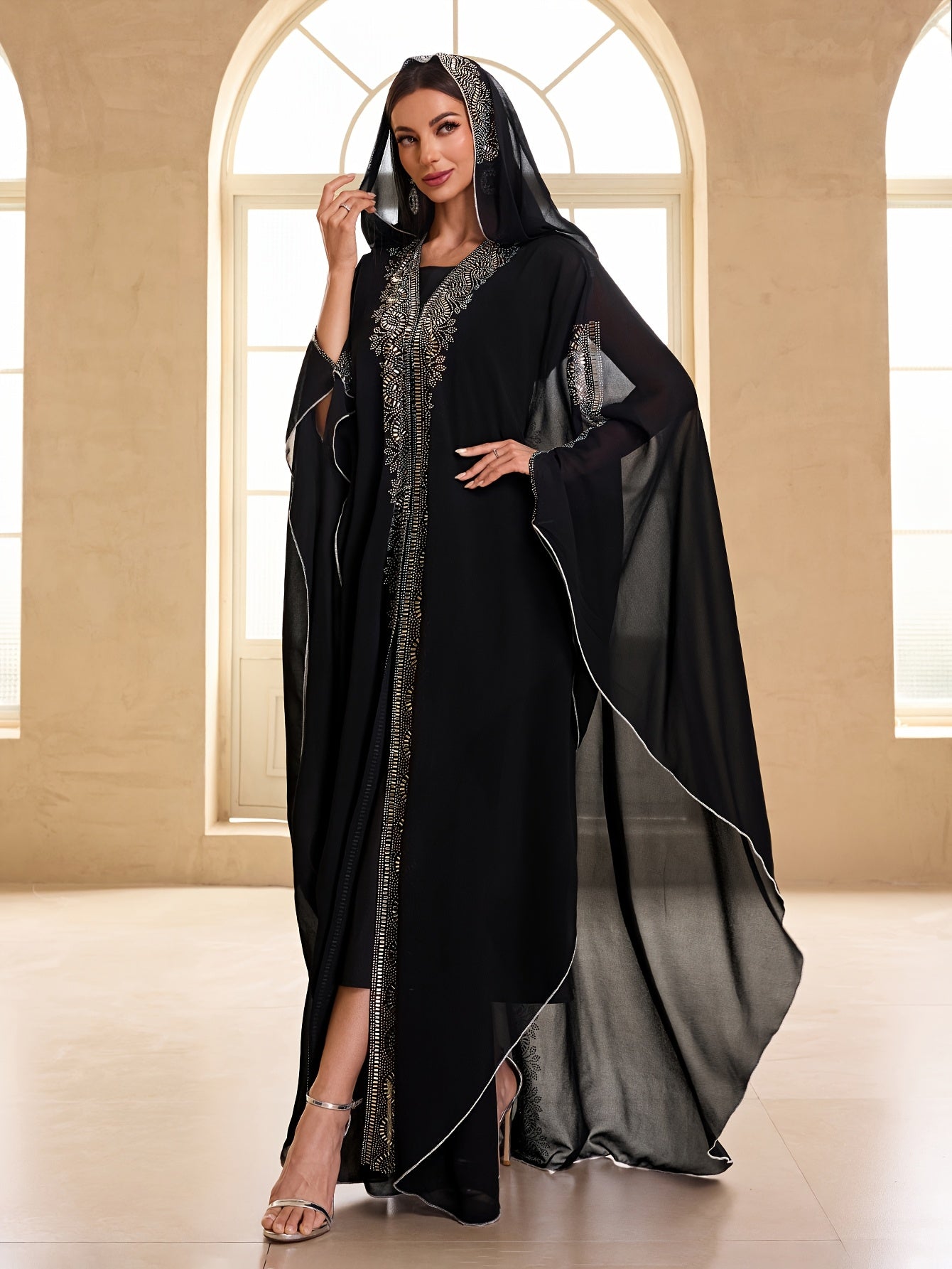 Women Modest Festival Abaya Dress Arabic Style Rhinestone Chiffon V-Neck 2pcs Set Prom Party Long Dress Turkish Style Hooded Long Sleeve Dress Kaftan Arabian Dress