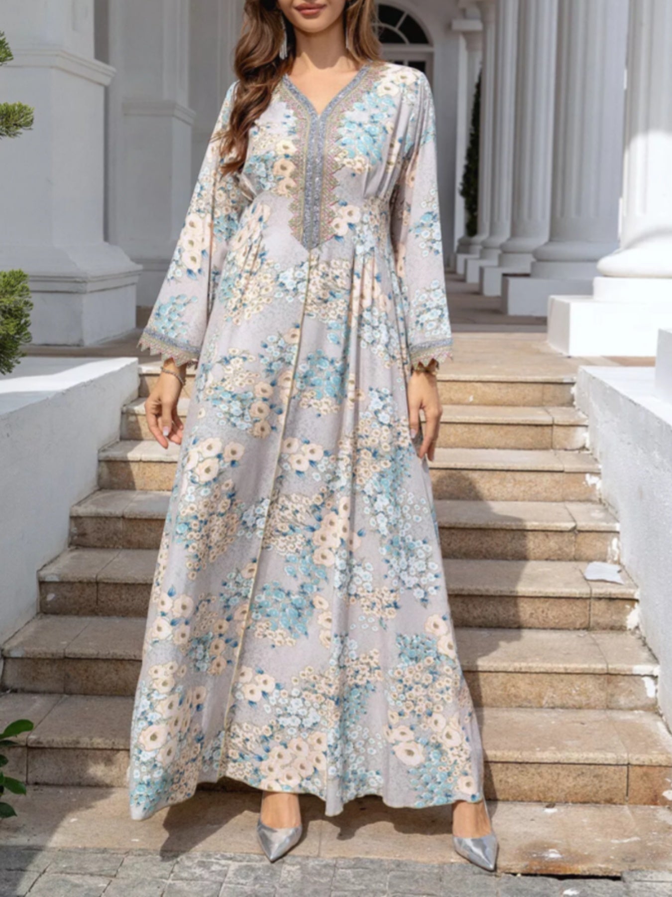 Women'S Light Blue Floral Print Abaya Baju Dress - Long Sleeve V-Neck, Asymmetrical Hem, Flowy Beach Cover-Up with Pockets, Casual & Modest Style for Casual Attire, Beach Dress