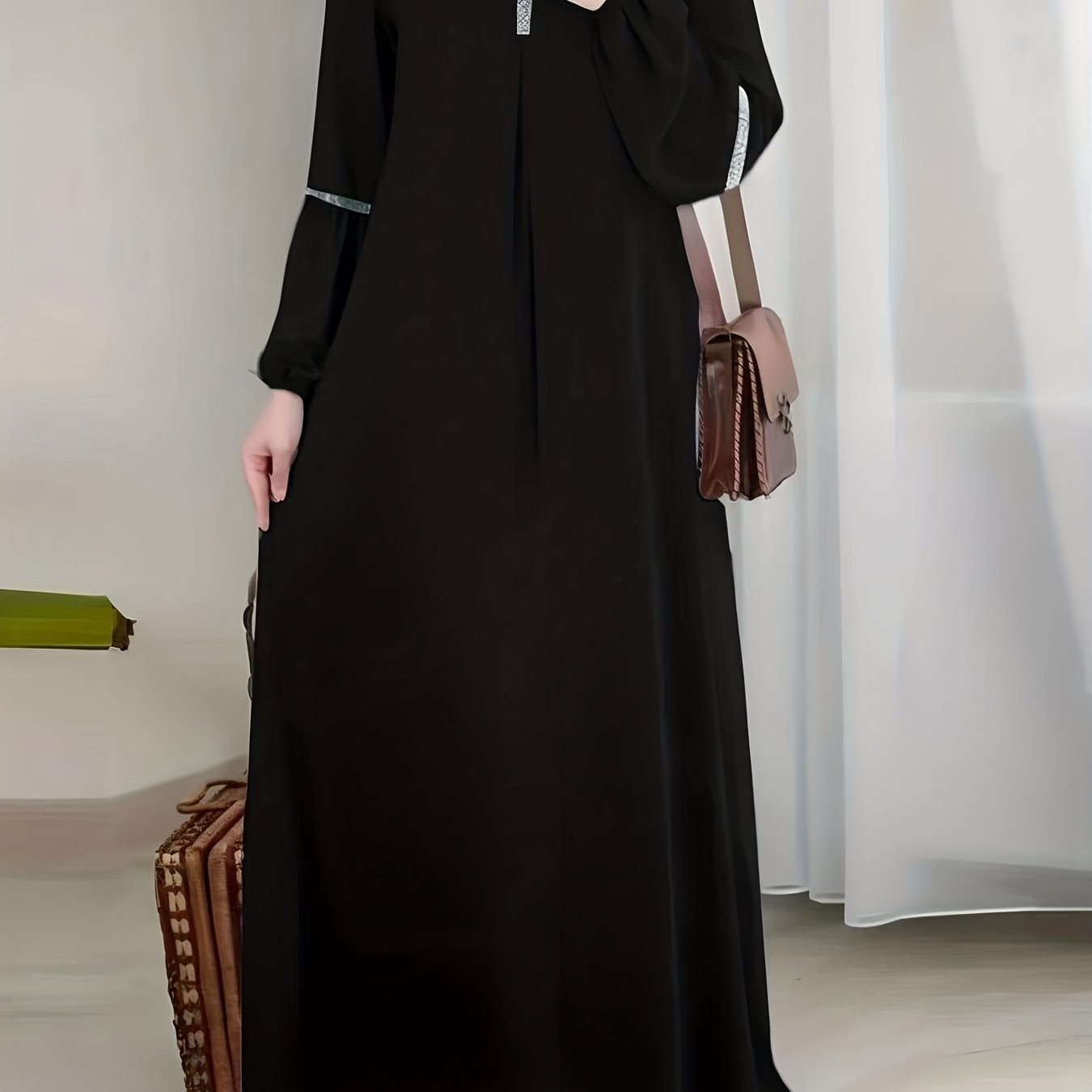 [Elegant Abaya] Elegant Arabic Abaya Burkha | 2023 New Women's Long Sleeve Modest Cover Dress, Solid Green, Sequin Sleeves, Machine Washable, No Stretch Fabric