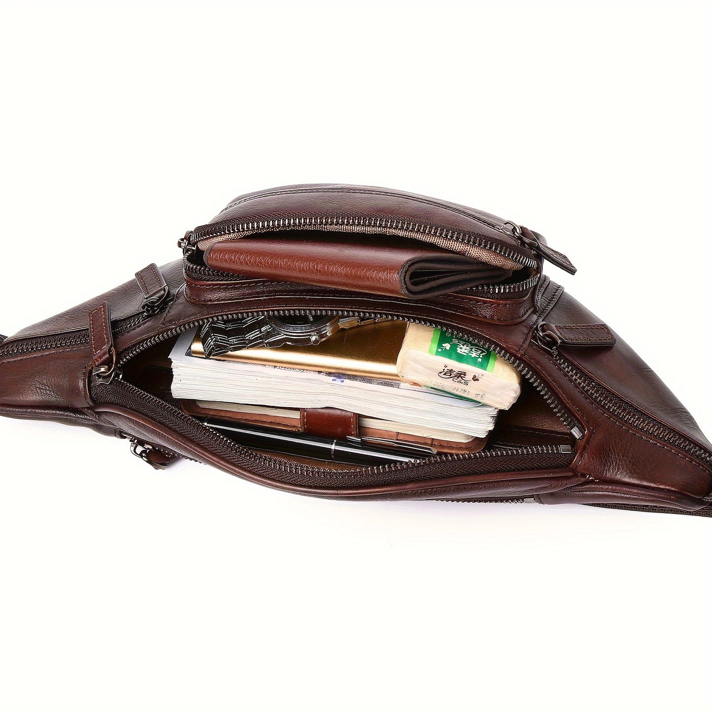 Premium Genuine Leather Fanny Pack for Men & Women - Adjustable Sling Bag with Multiple Zipper Pockets, Brown Leather Crossbody Chest Bag